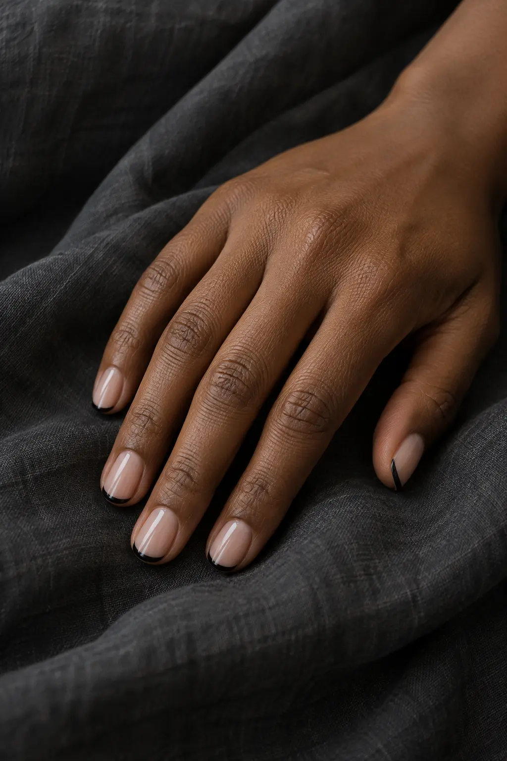 Sheer nude short nails with glossy black micro French tips