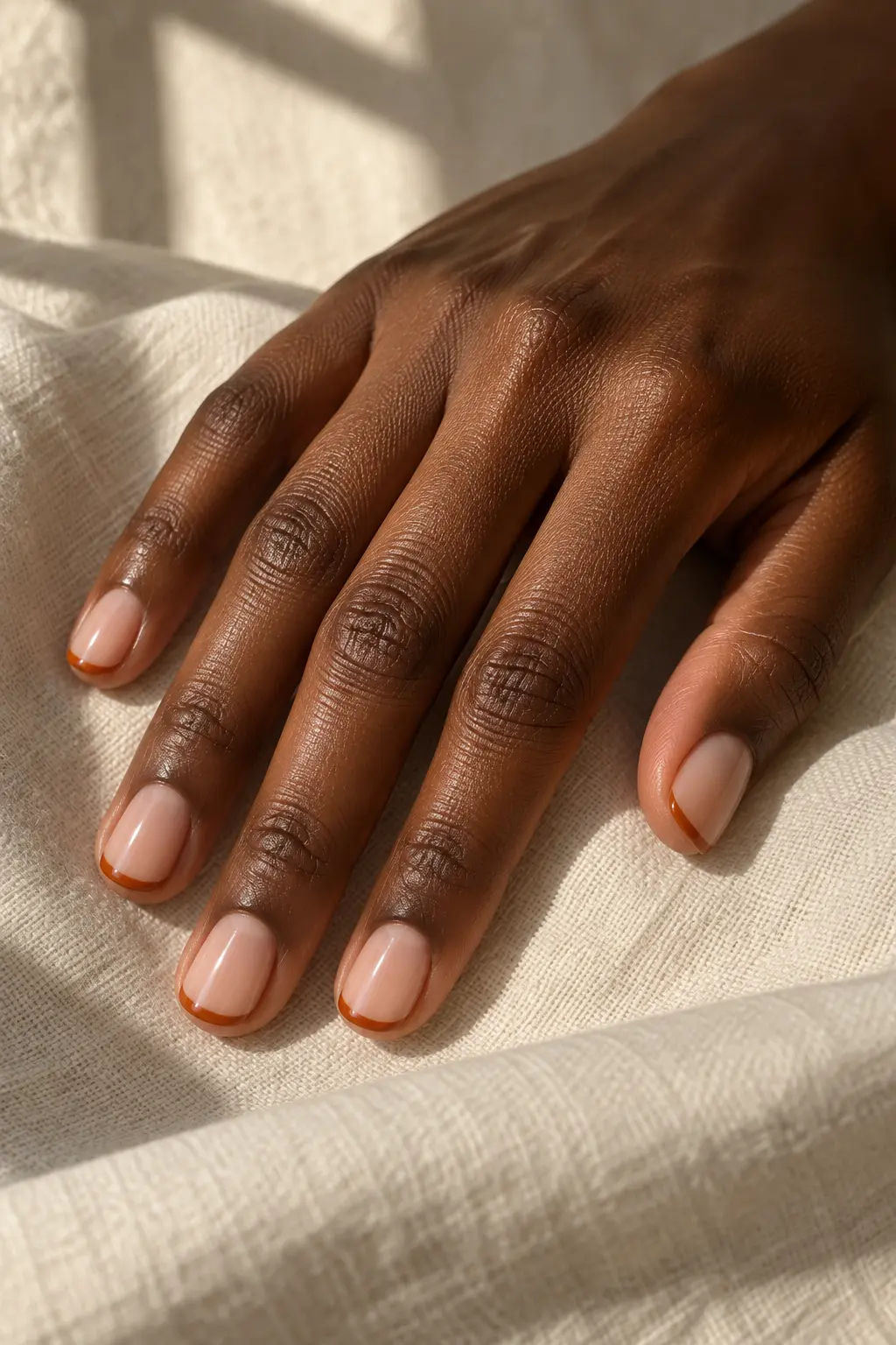 Short sheer nude nails with burnt orange micro French tips