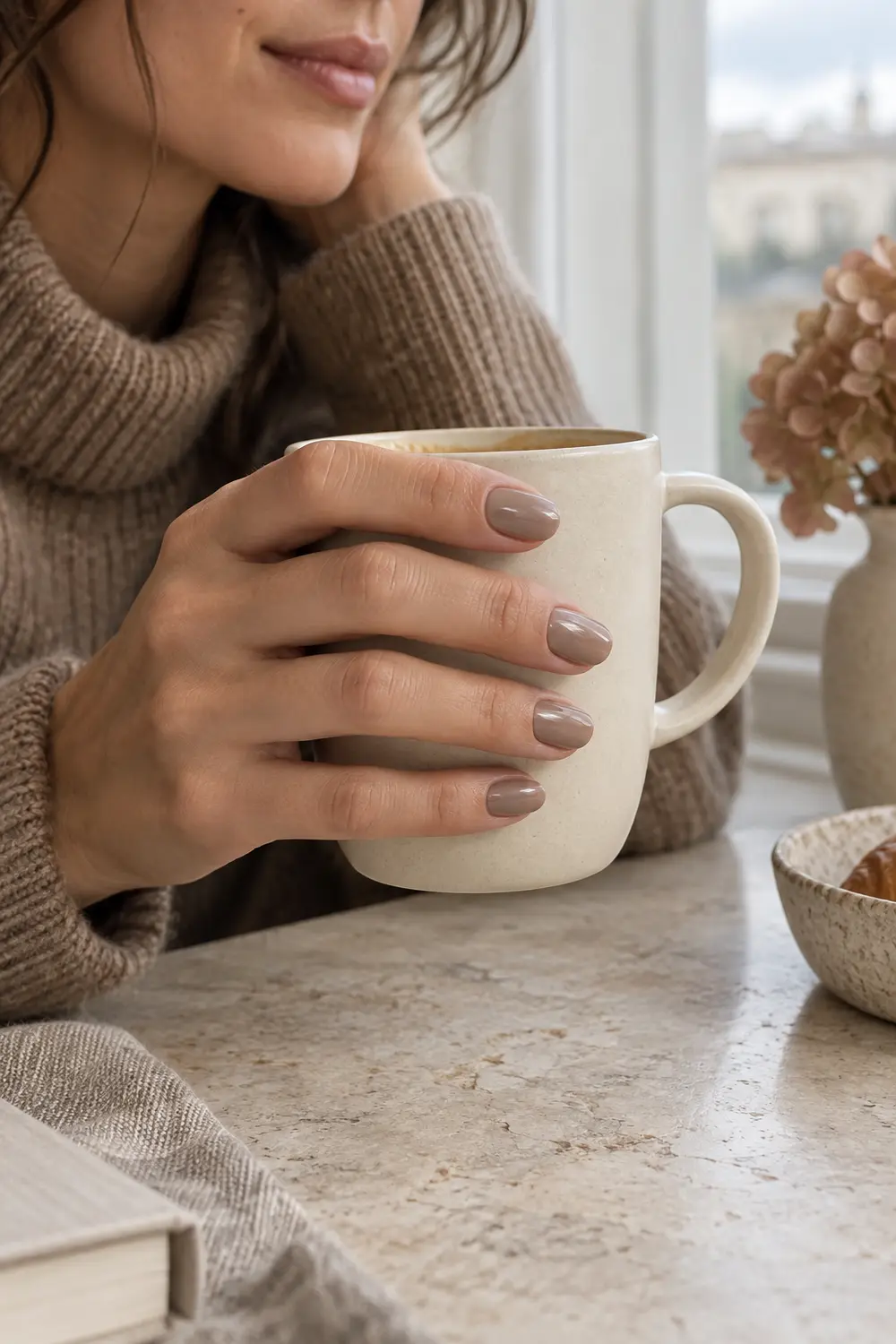 Classic glossy cashmere taupe short oval nails for fall 2026
