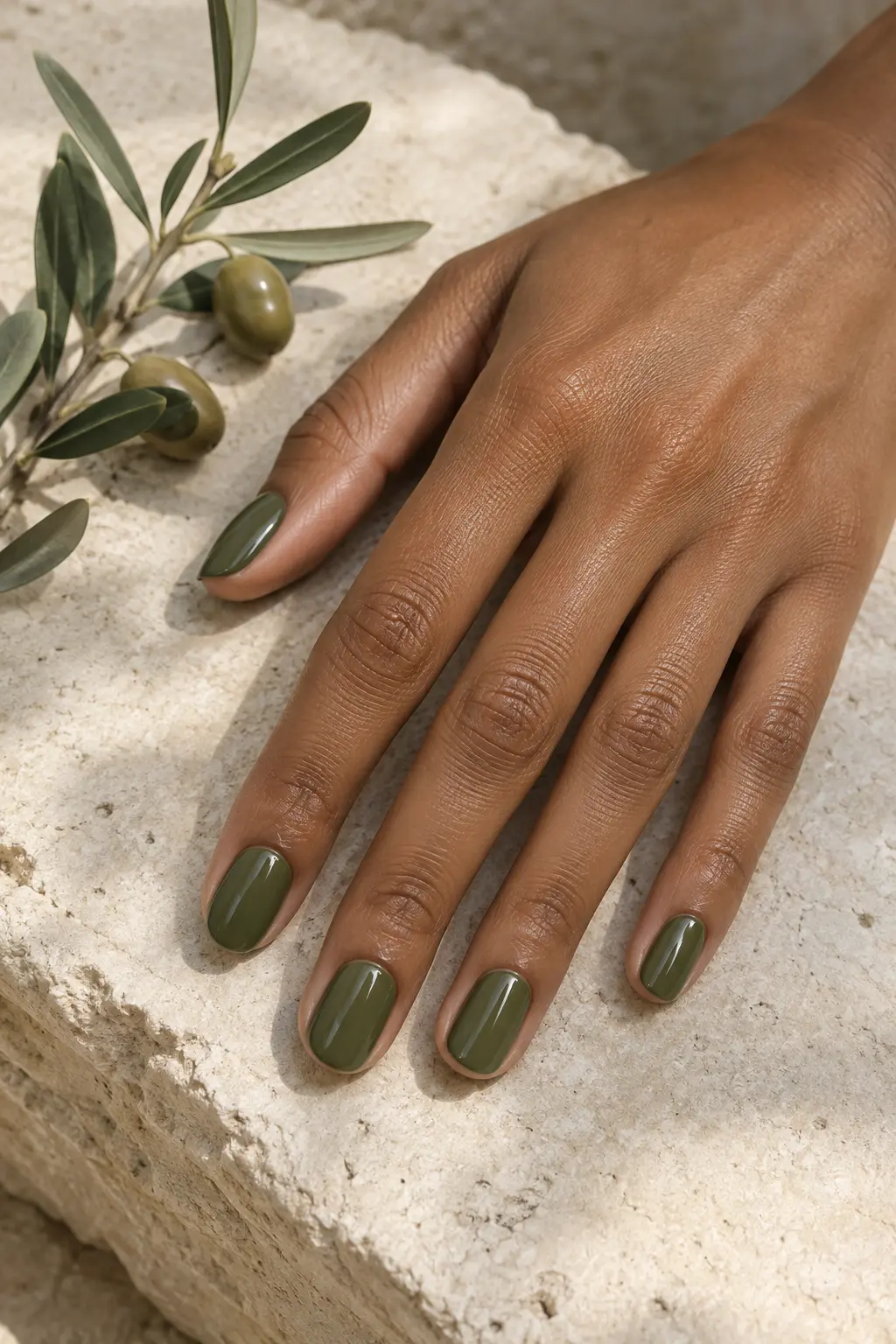 Classic glossy olive green nails on short oval fingers in soft window light