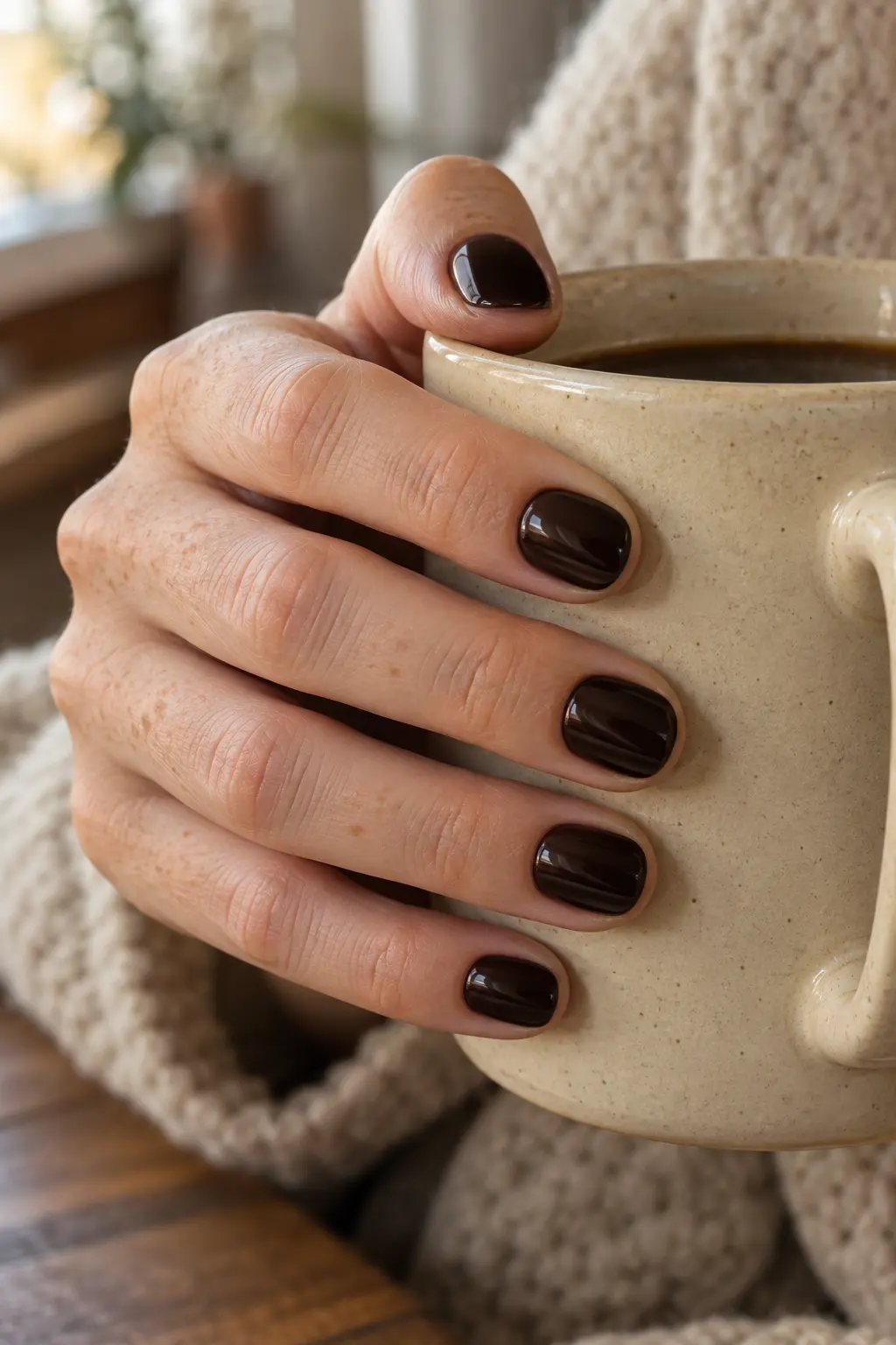 Glossy espresso brown polish on short rounded nails