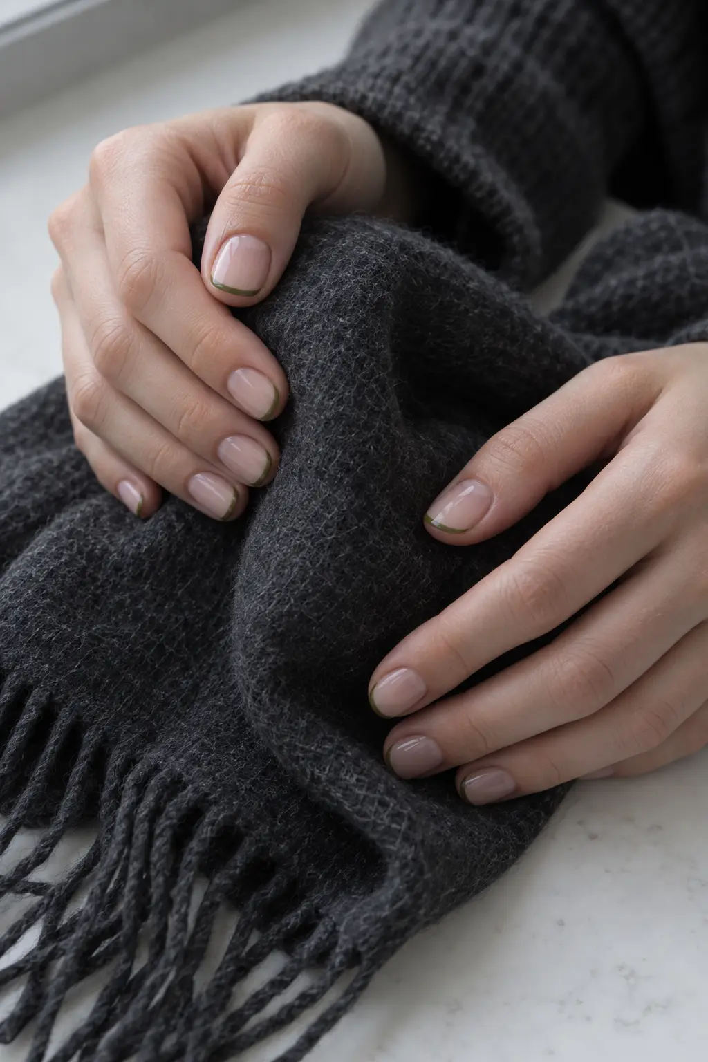 Sheer nude nails with very fine olive green French tips