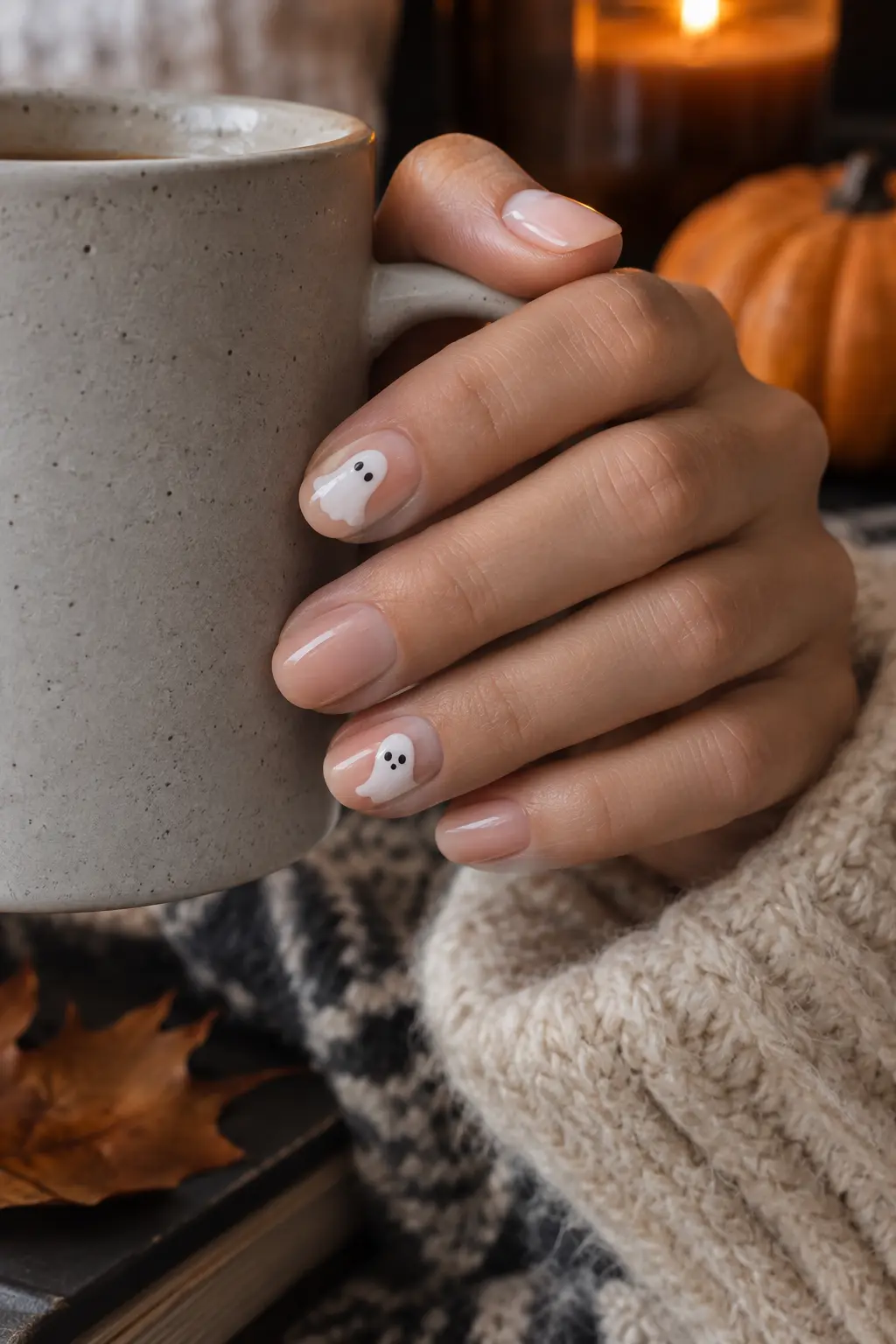Short sheer nude nails with tiny white ghost accents