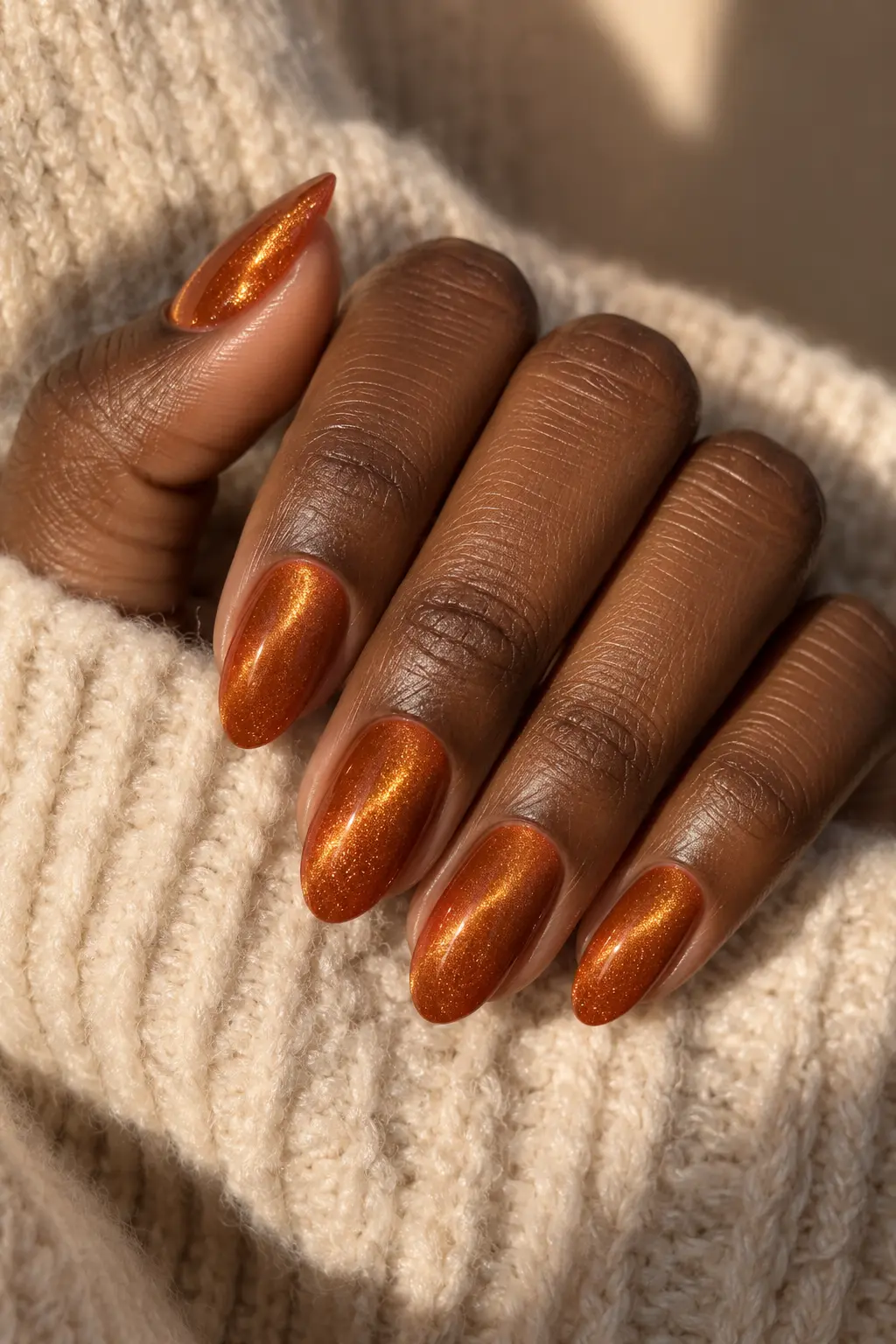 Pumpkin orange magnetic velvet nails with golden highlights