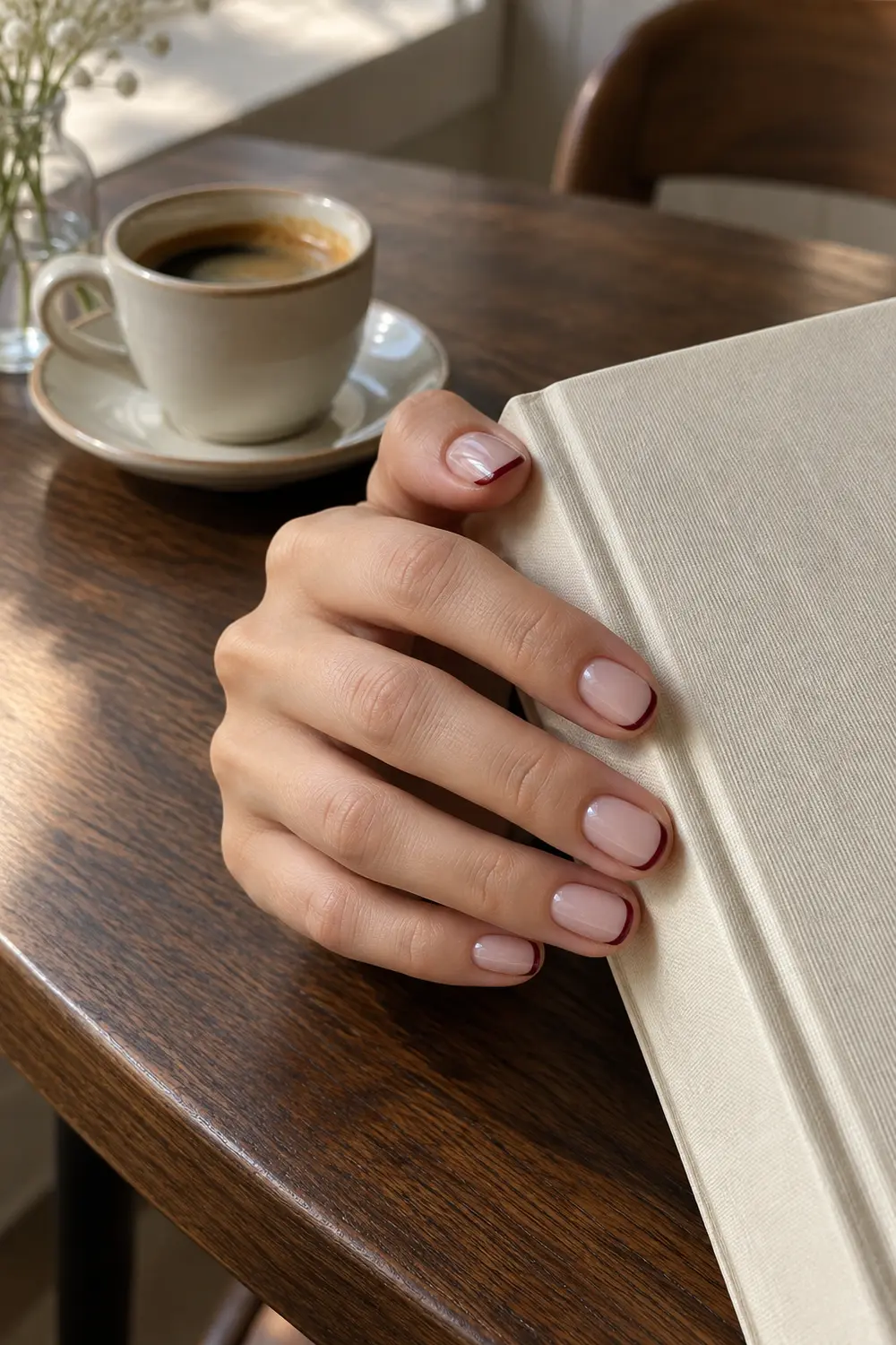 Short nude nails with fine burgundy French tips
