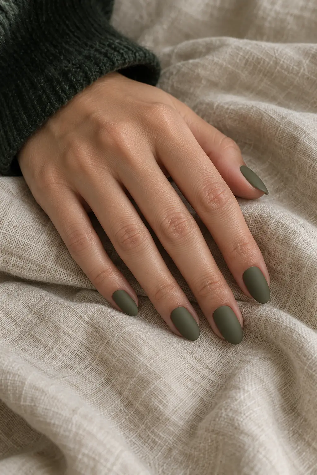 Medium almond nails in a smooth matte olive green finish