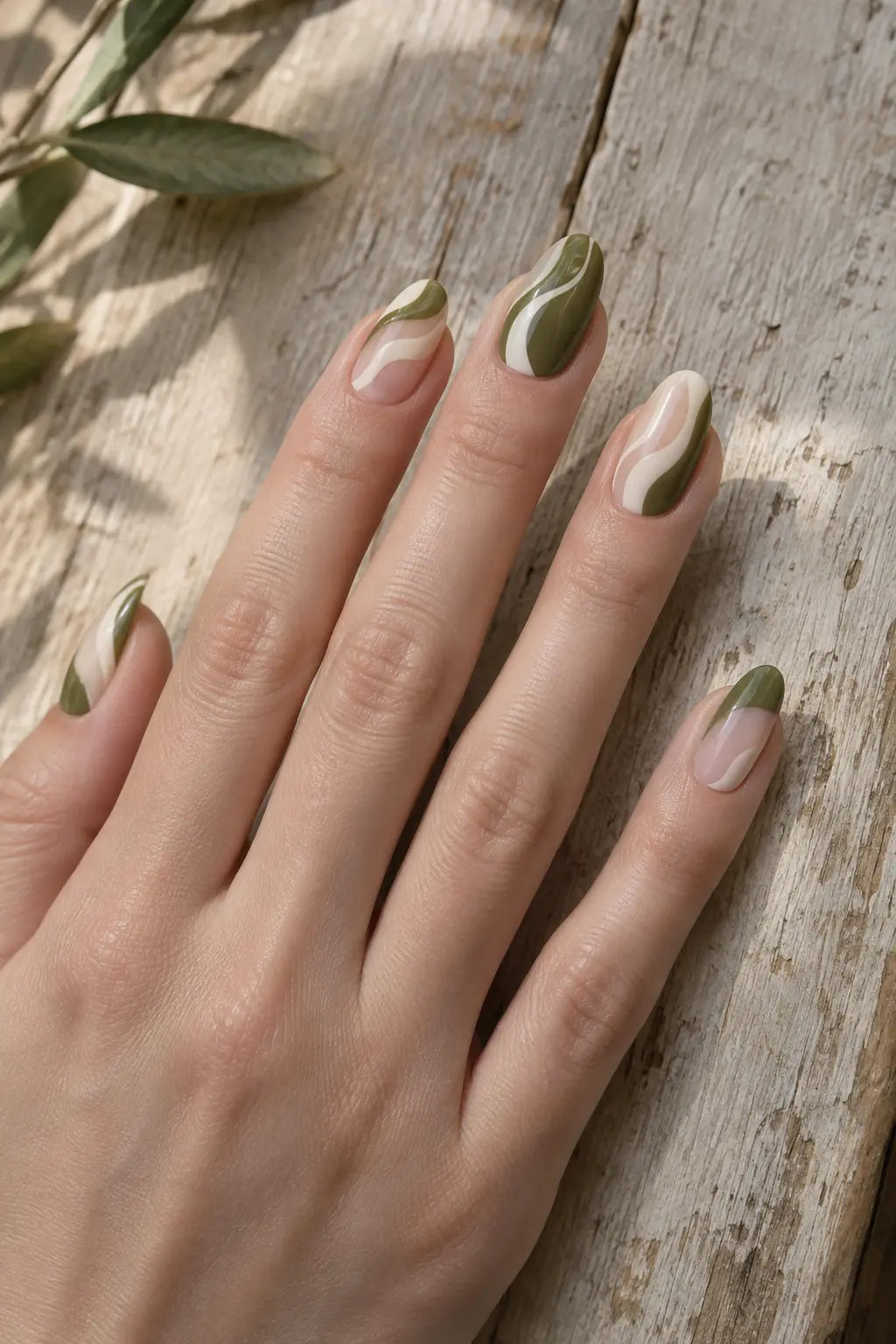 Olive green and cream swirl nails with sheer negative space