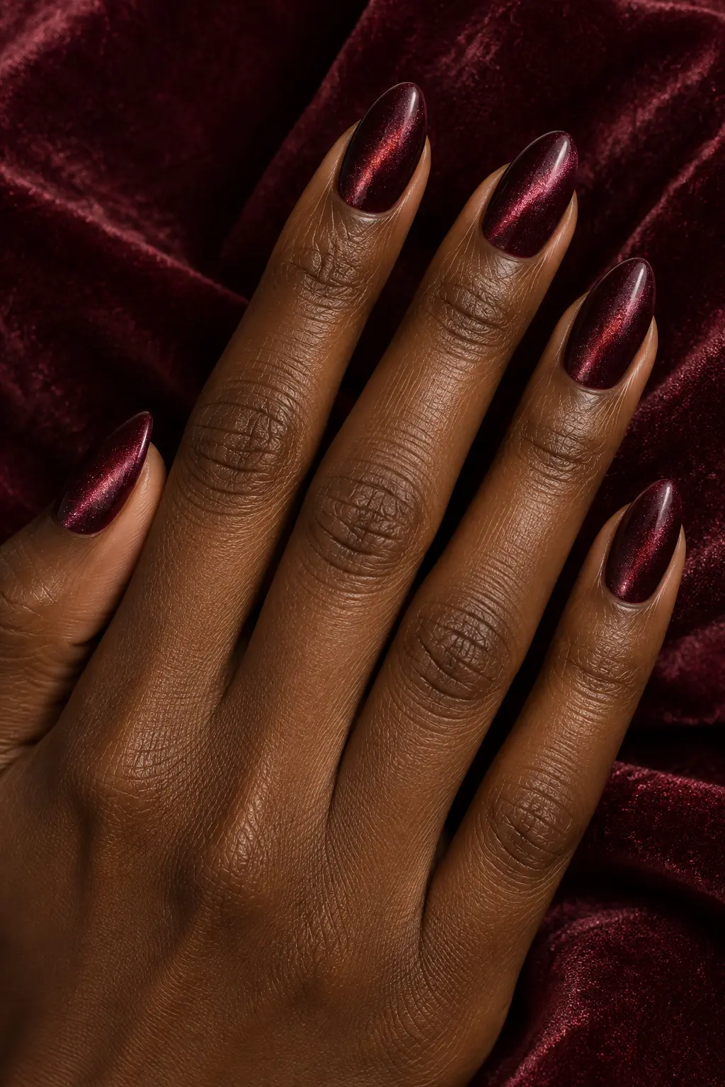 Deep burgundy magnetic velvet nails with luminous highlights