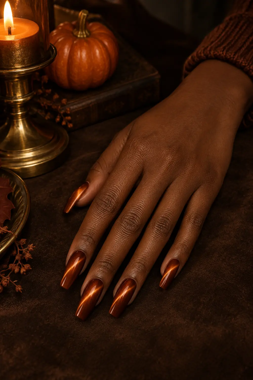 Burnt orange magnetic velvet nails in warm candlelight