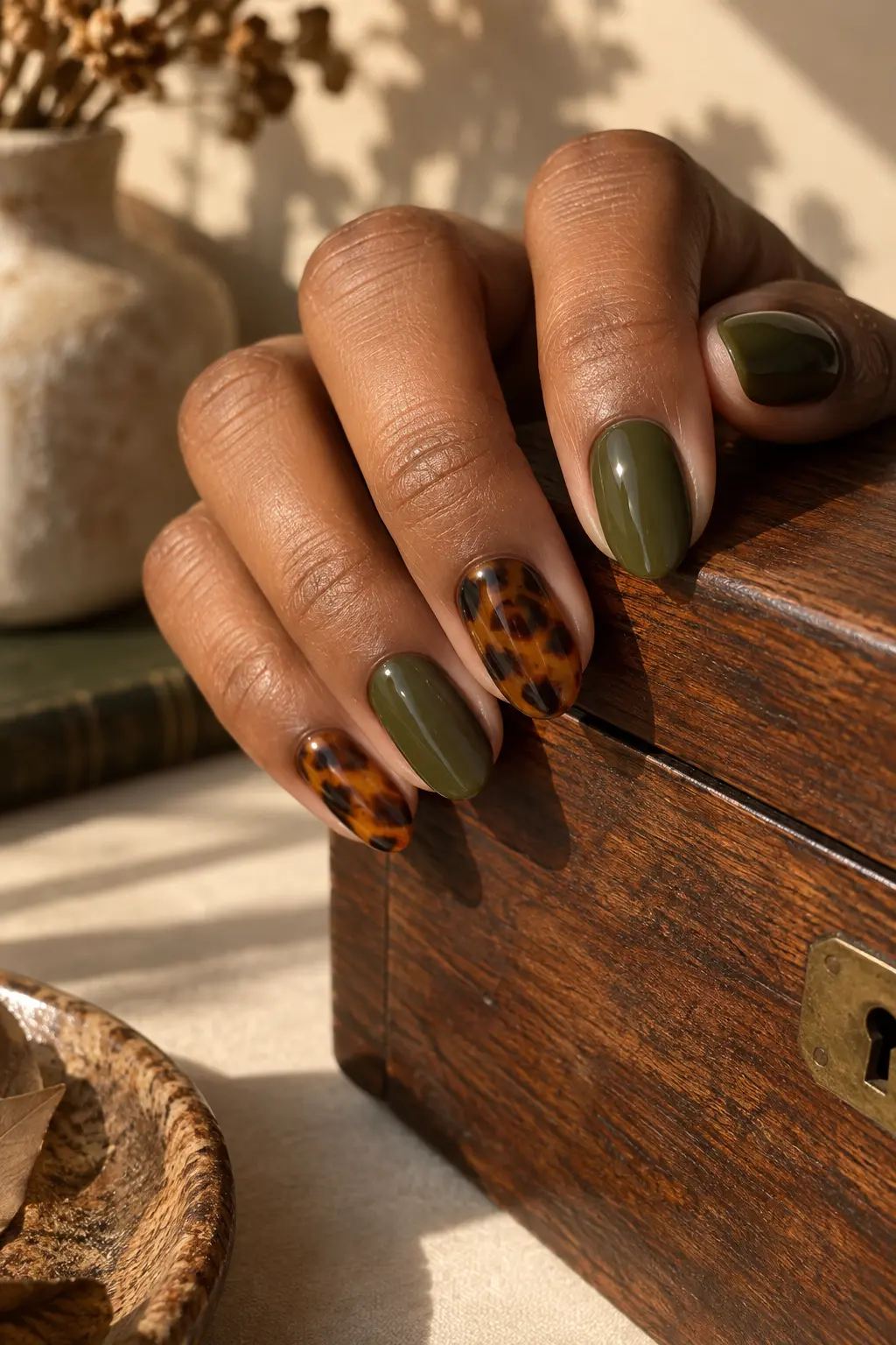 Olive green manicure mixed with amber brown tortoiseshell accent nails