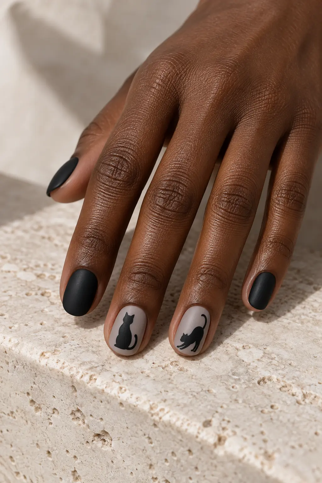 Matte black cat silhouette accents on muted nude Halloween nails