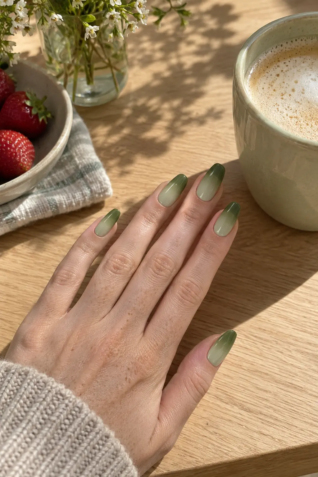 Sage green fading into deep olive ombre nails