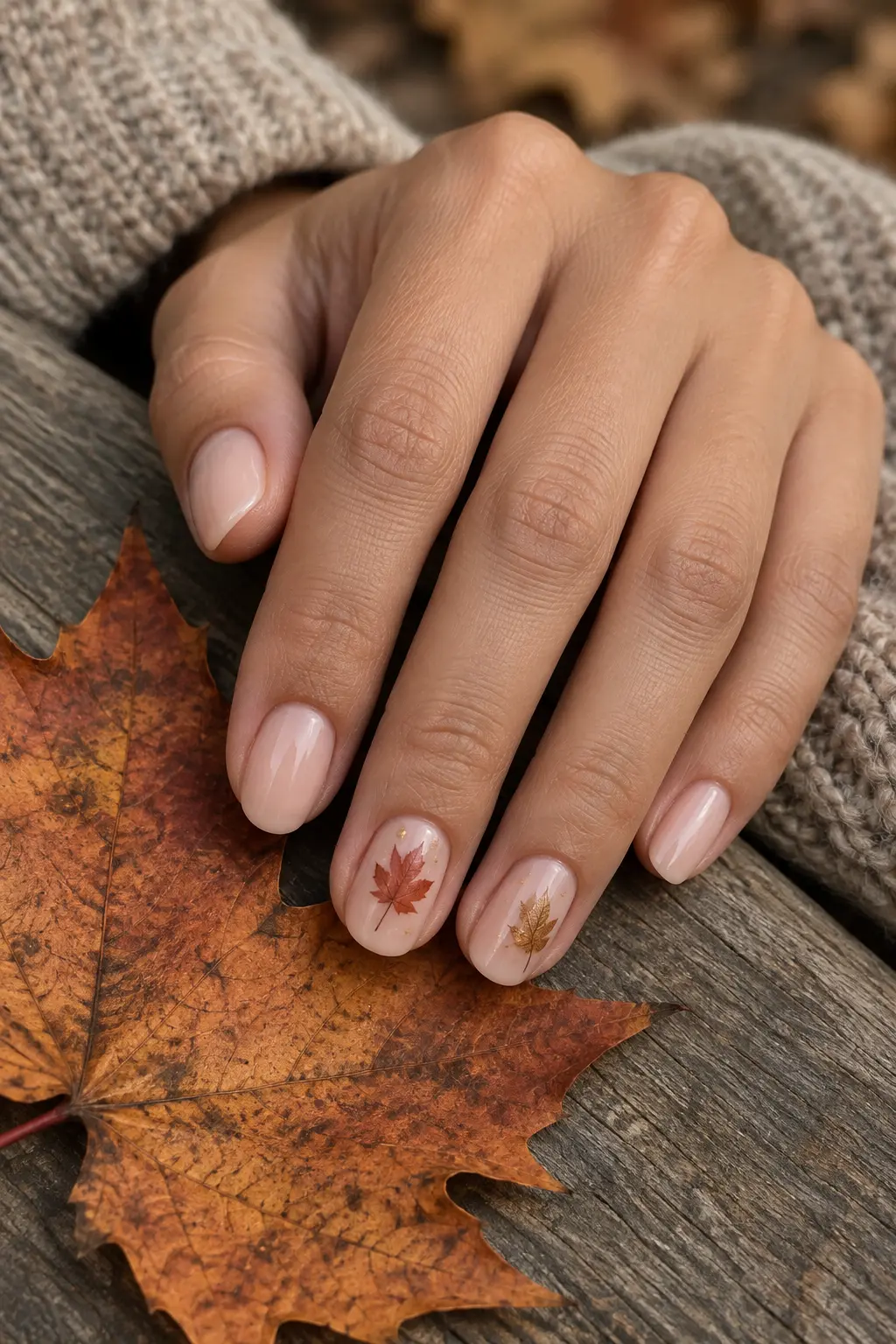 Sheer nude nails with tiny rust and gold maple leaf accents