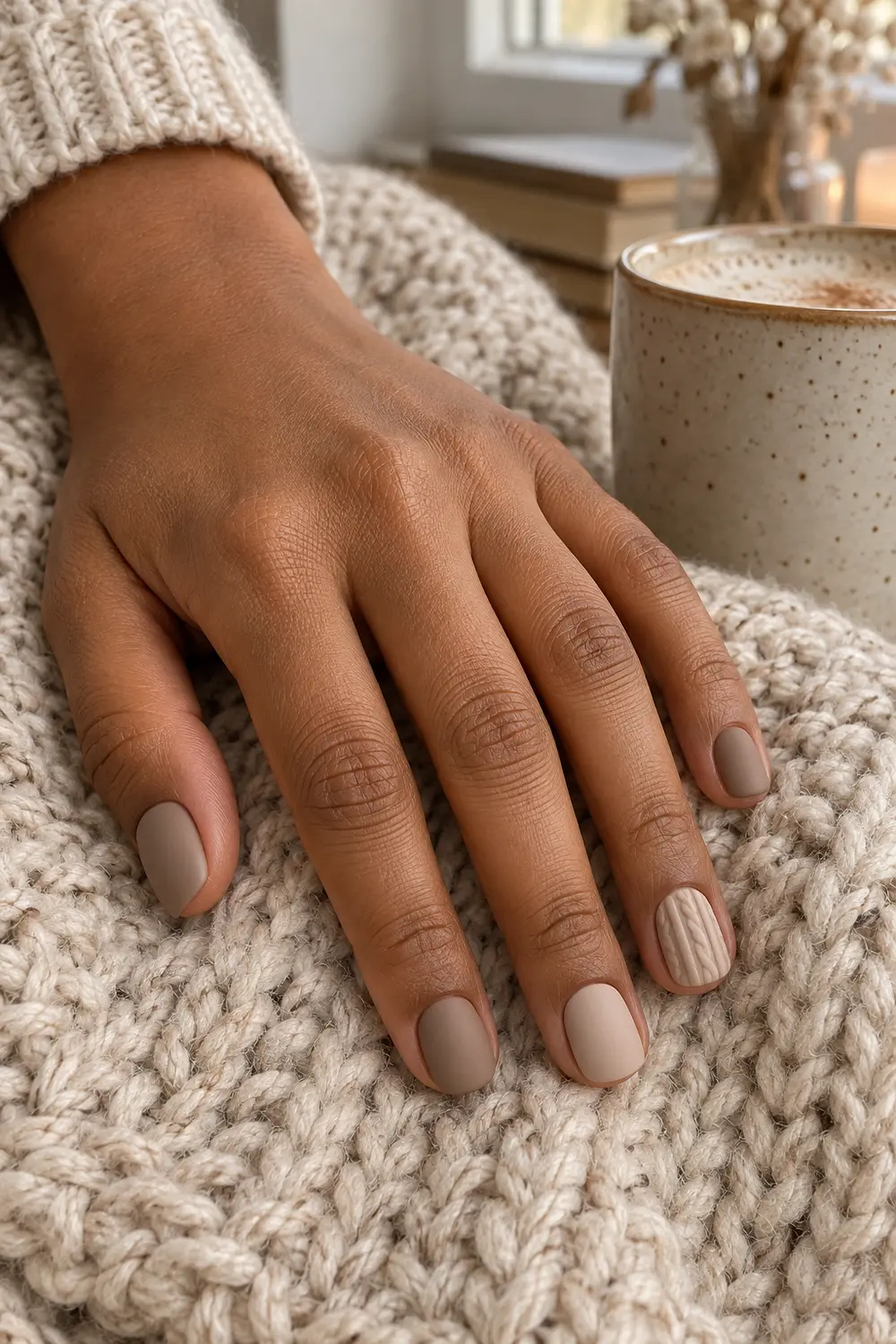 Neutral matte sweater nails with a raised cable knit accent