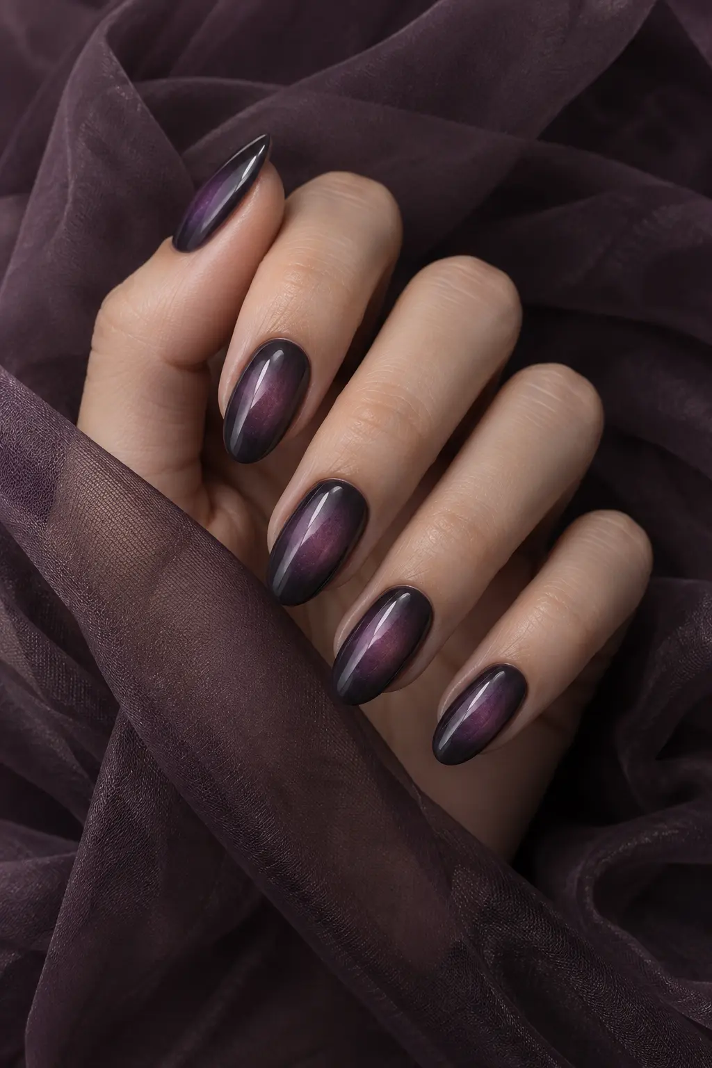 Smoky plum aura nails with soft charcoal borders