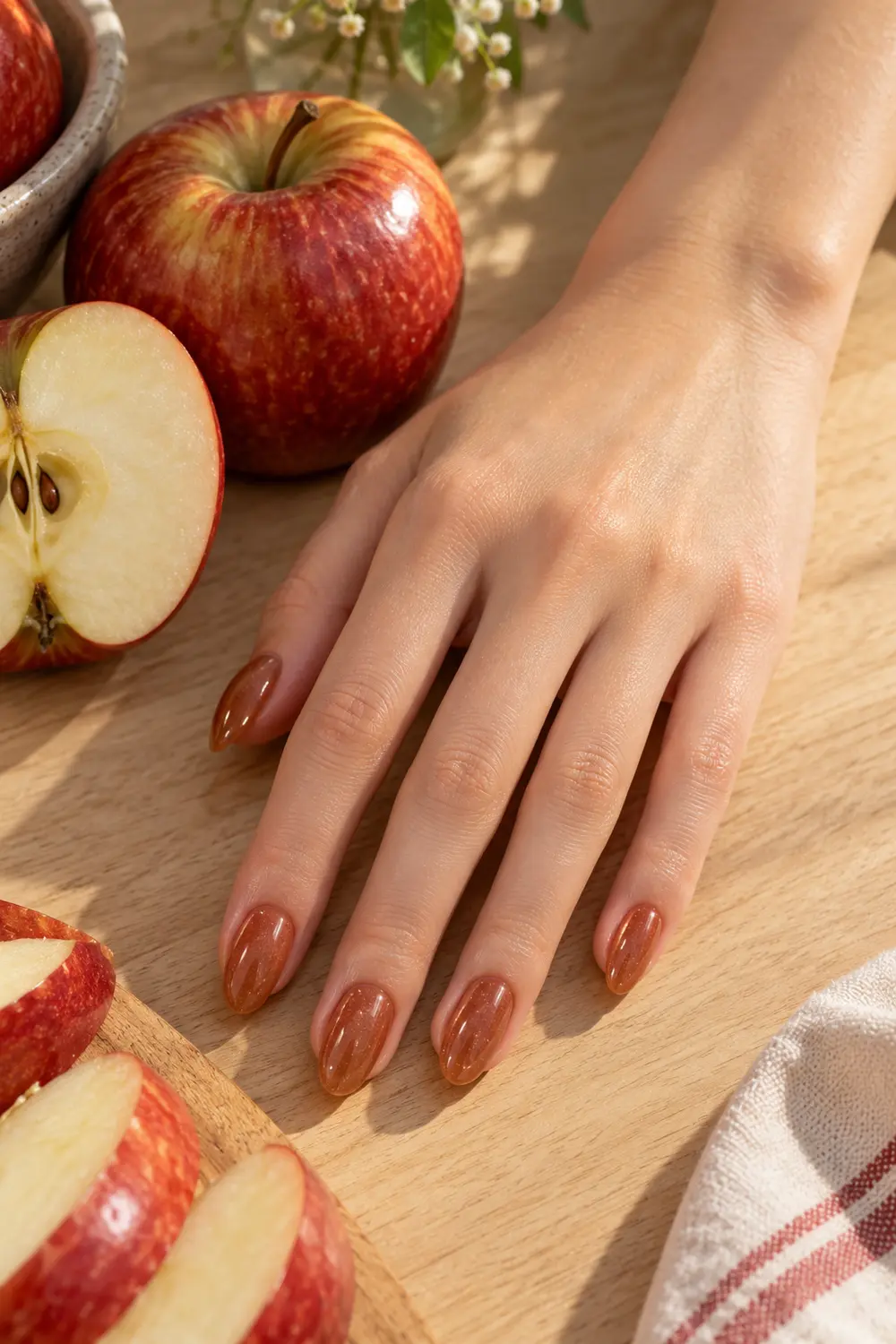 Translucent apple cider caramel jelly nails beside red apples