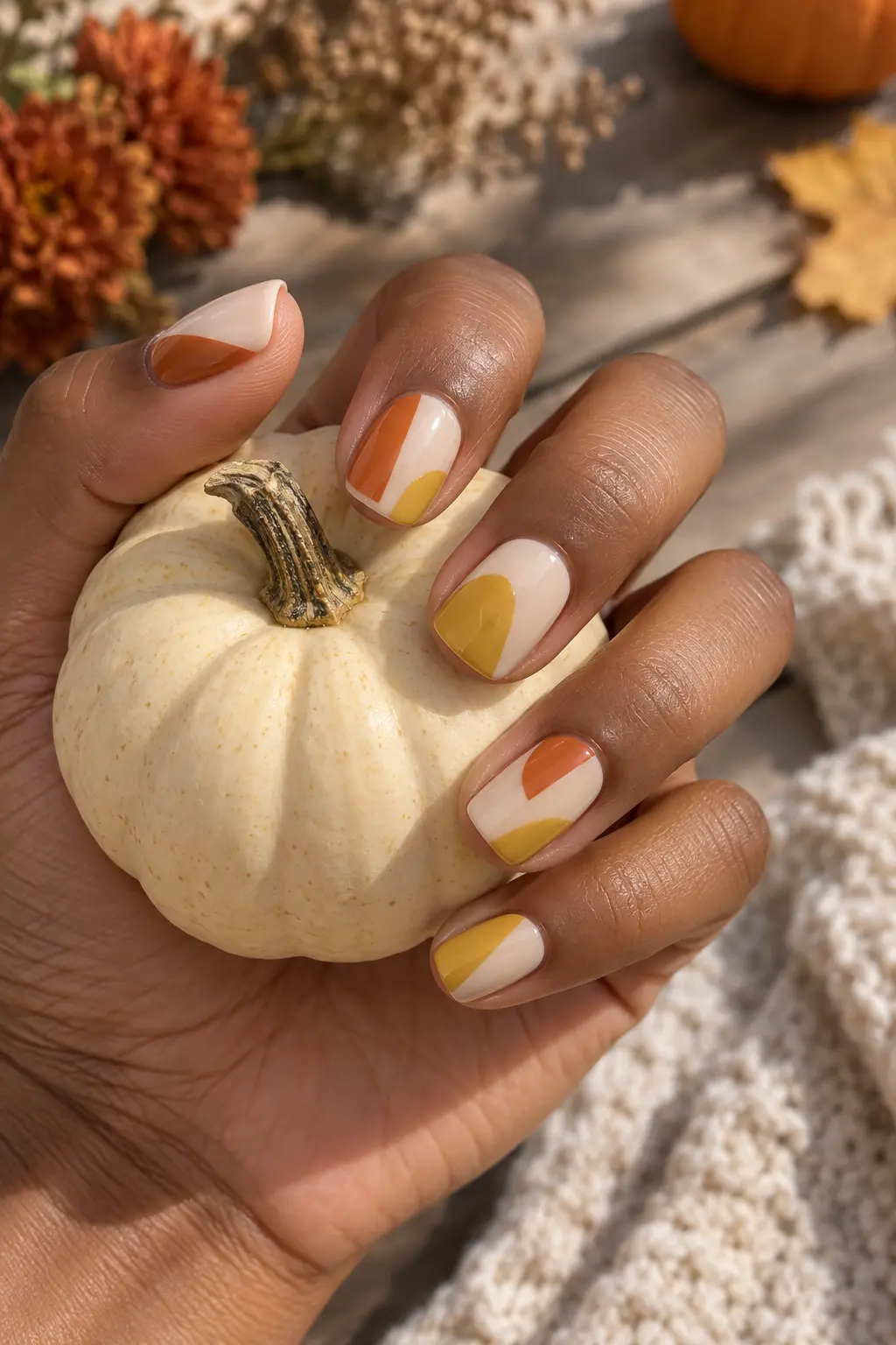 Cream orange and muted yellow candy corn color block nails