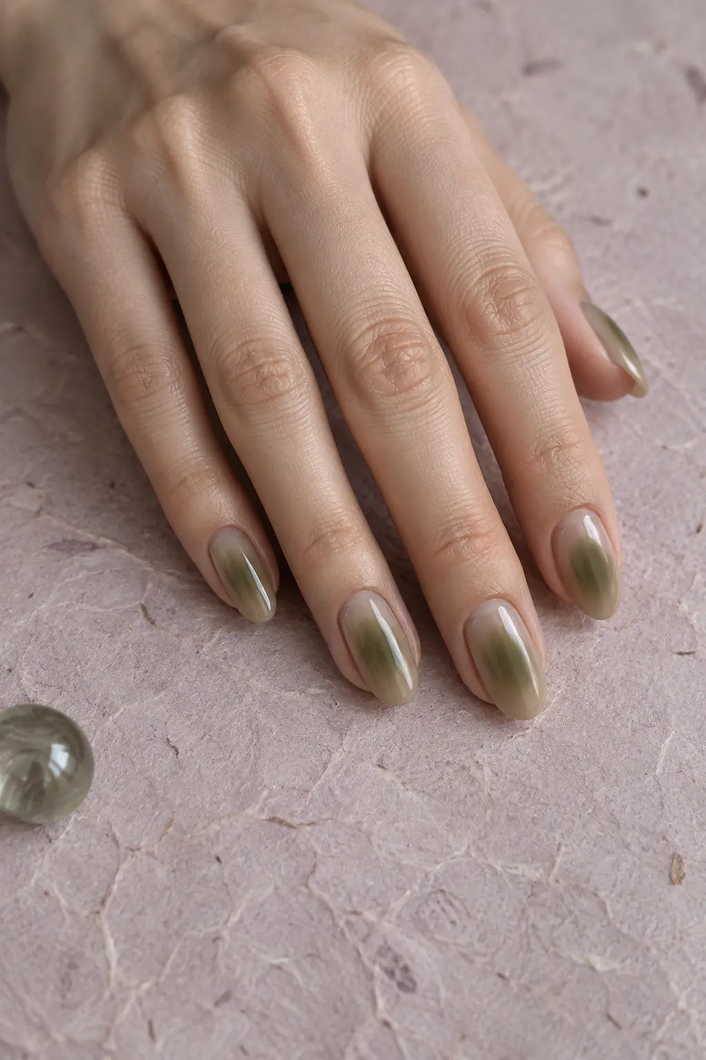 Olive green aura nails with soft diffused centers