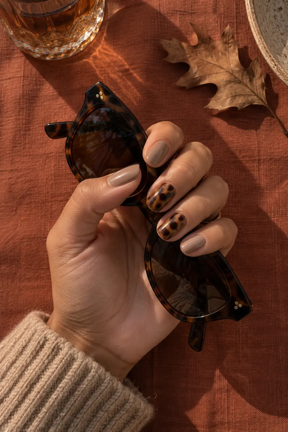 Cashmere taupe nails with tortoiseshell accent nails