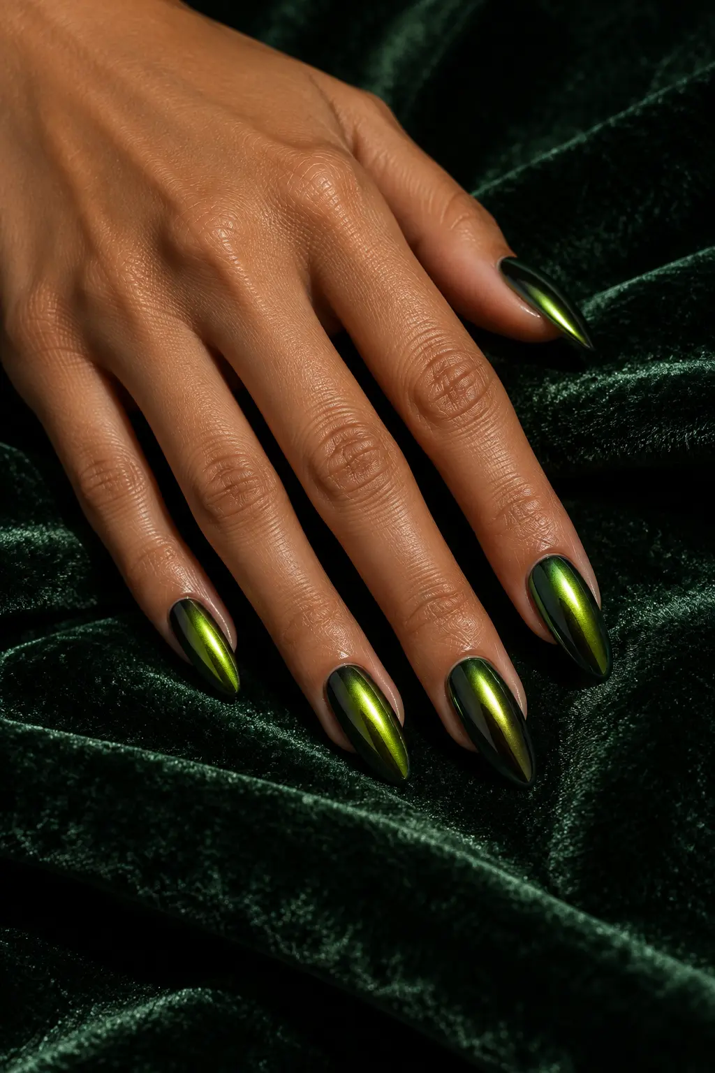 Reflective witchy green chrome nails with dark metallic shadows