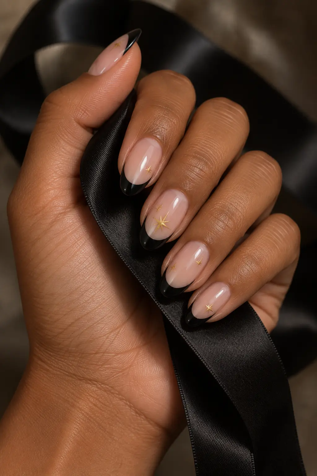 Sheer nude nails with black French tips and tiny gold stars