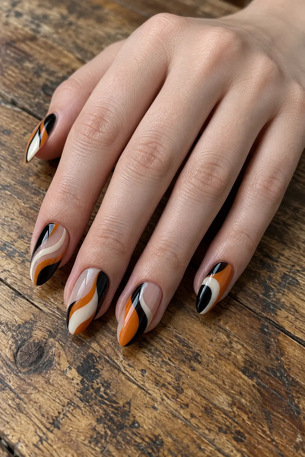 Abstract black orange and cream swirl Halloween nails