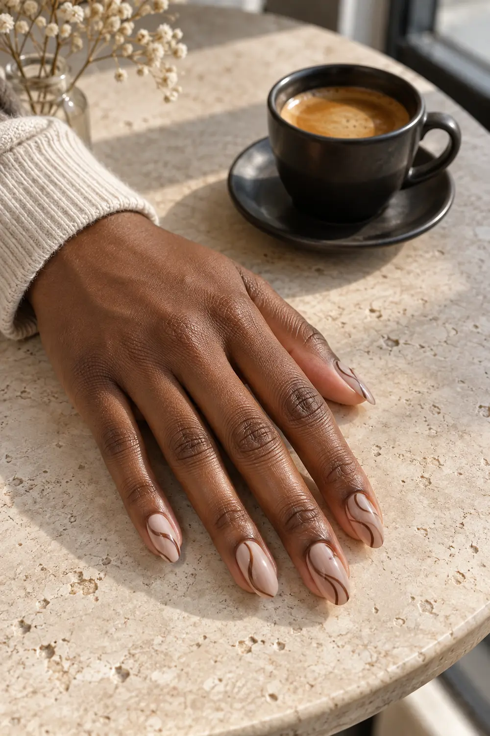 Cashmere taupe nails with espresso brown swirl line art