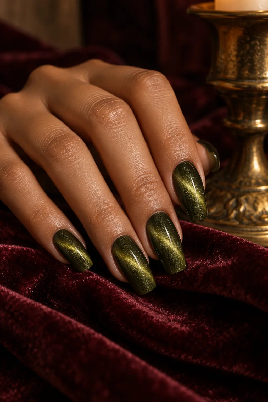 Deep olive green cat eye velvet nails with a luminous magnetic band