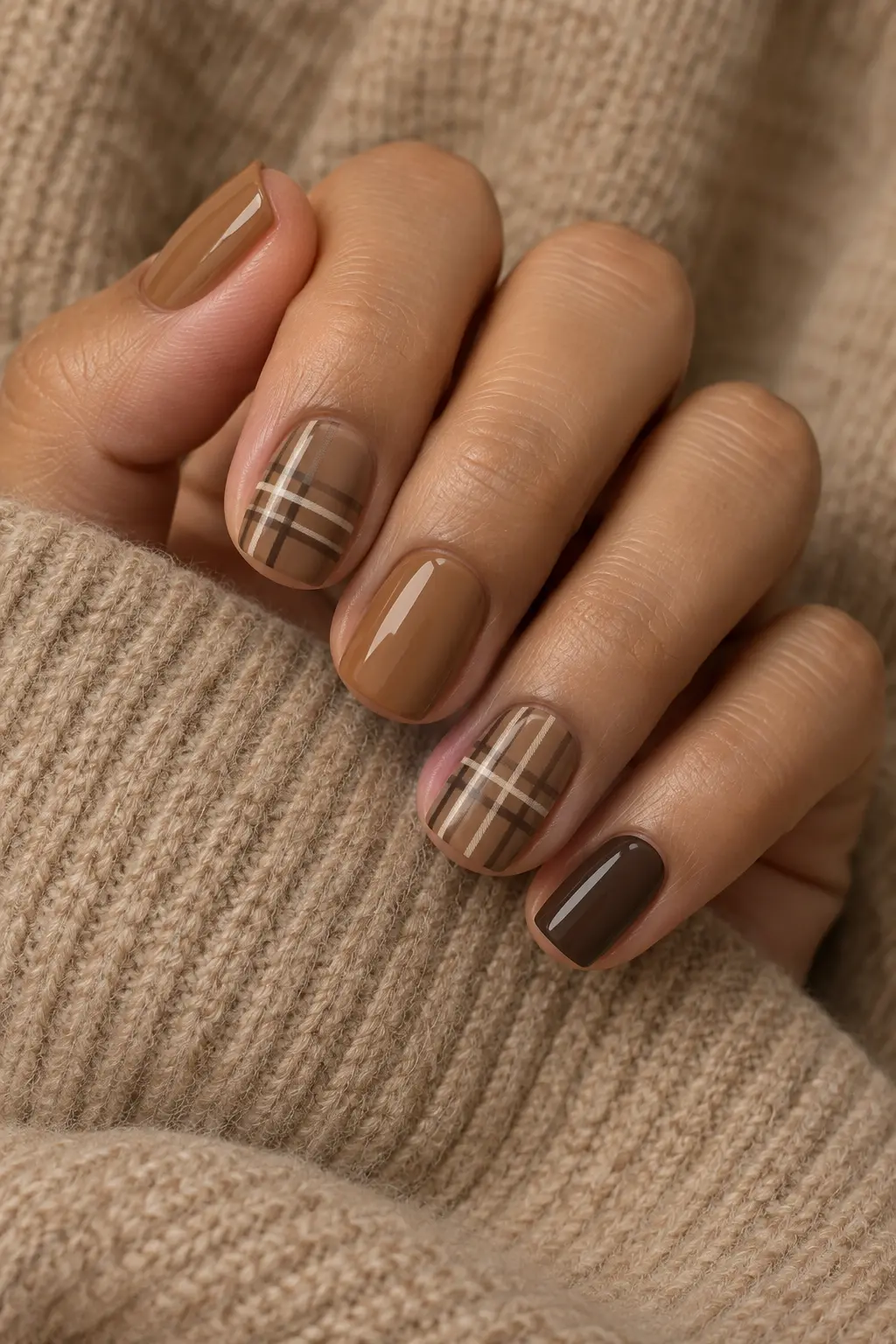 Caramel tan nails with espresso and cream plaid accents