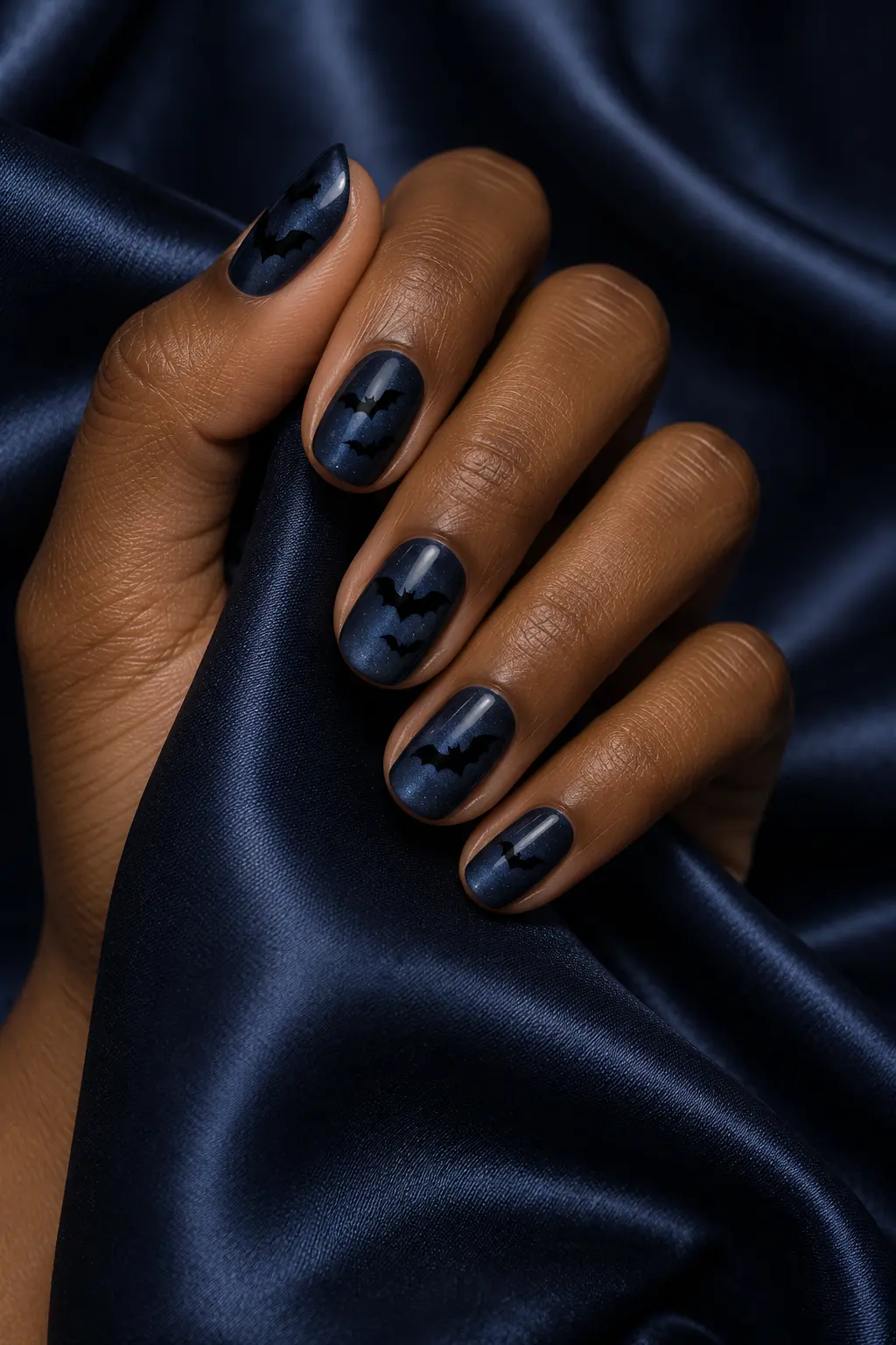 Midnight blue nails with tiny black bat silhouettes