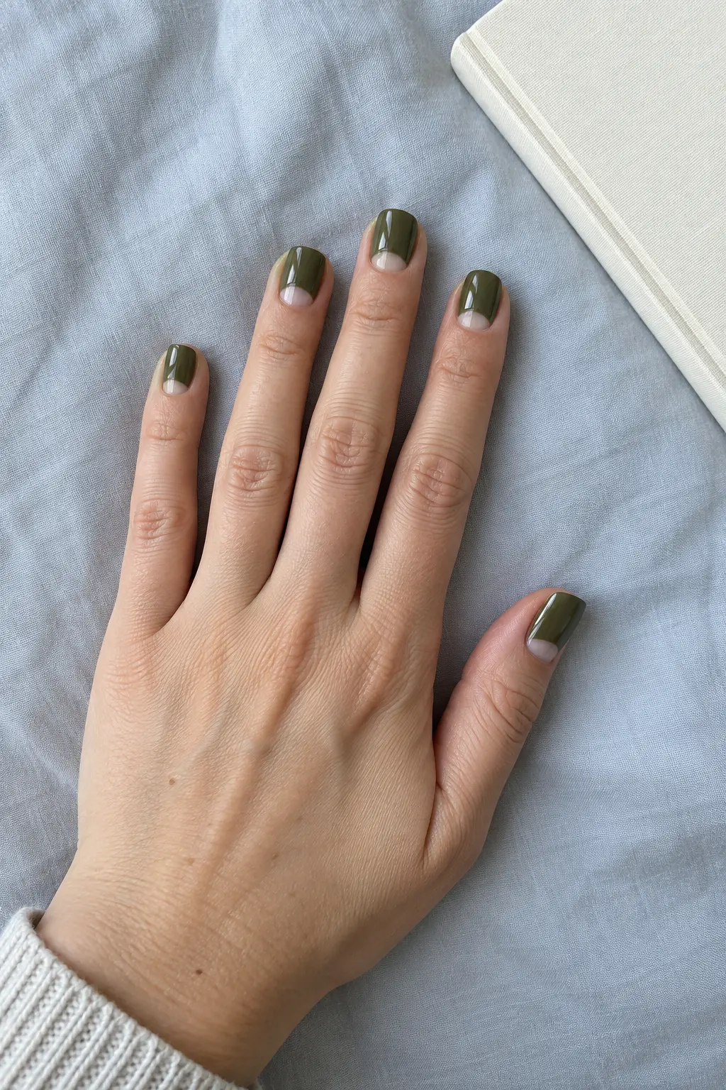 Olive green half moon manicure with sheer nude crescents