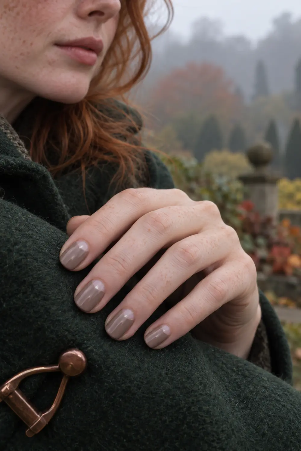 Short taupe half moon manicure for fall