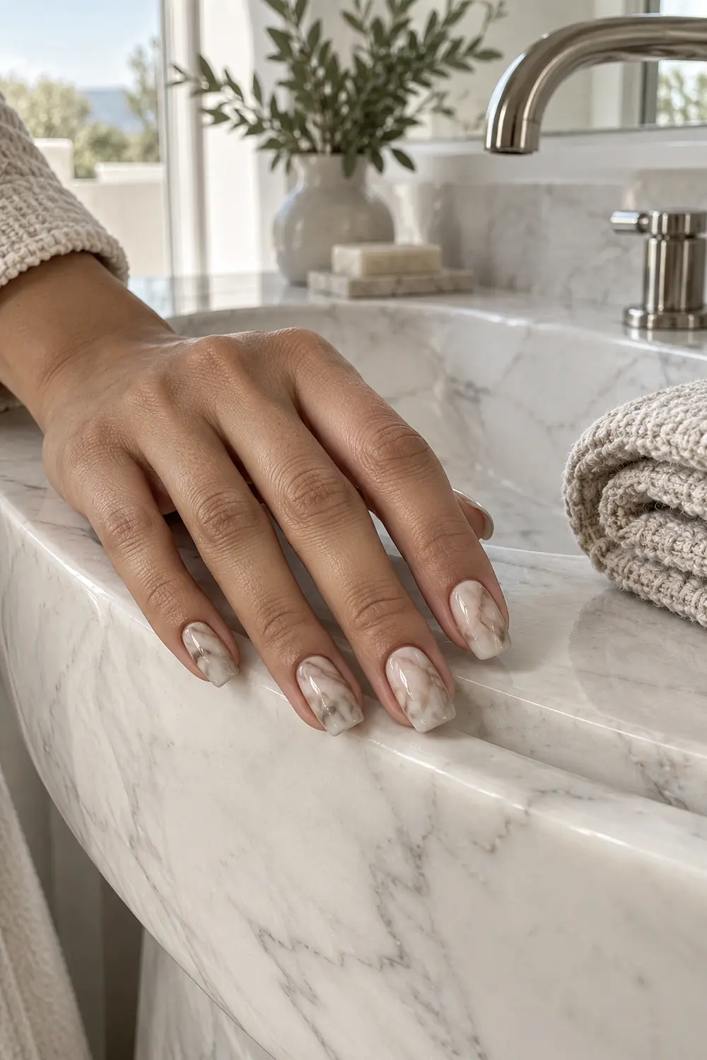 Soft cashmere taupe marble squoval nails