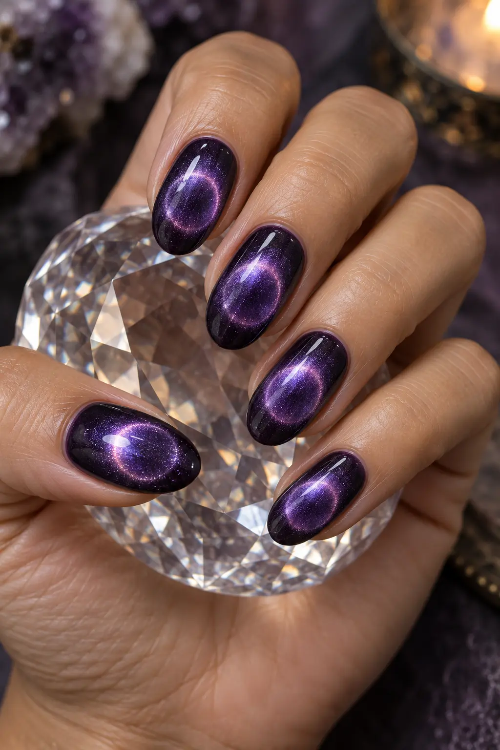 Deep purple crystal ball cat eye nails with luminous centers