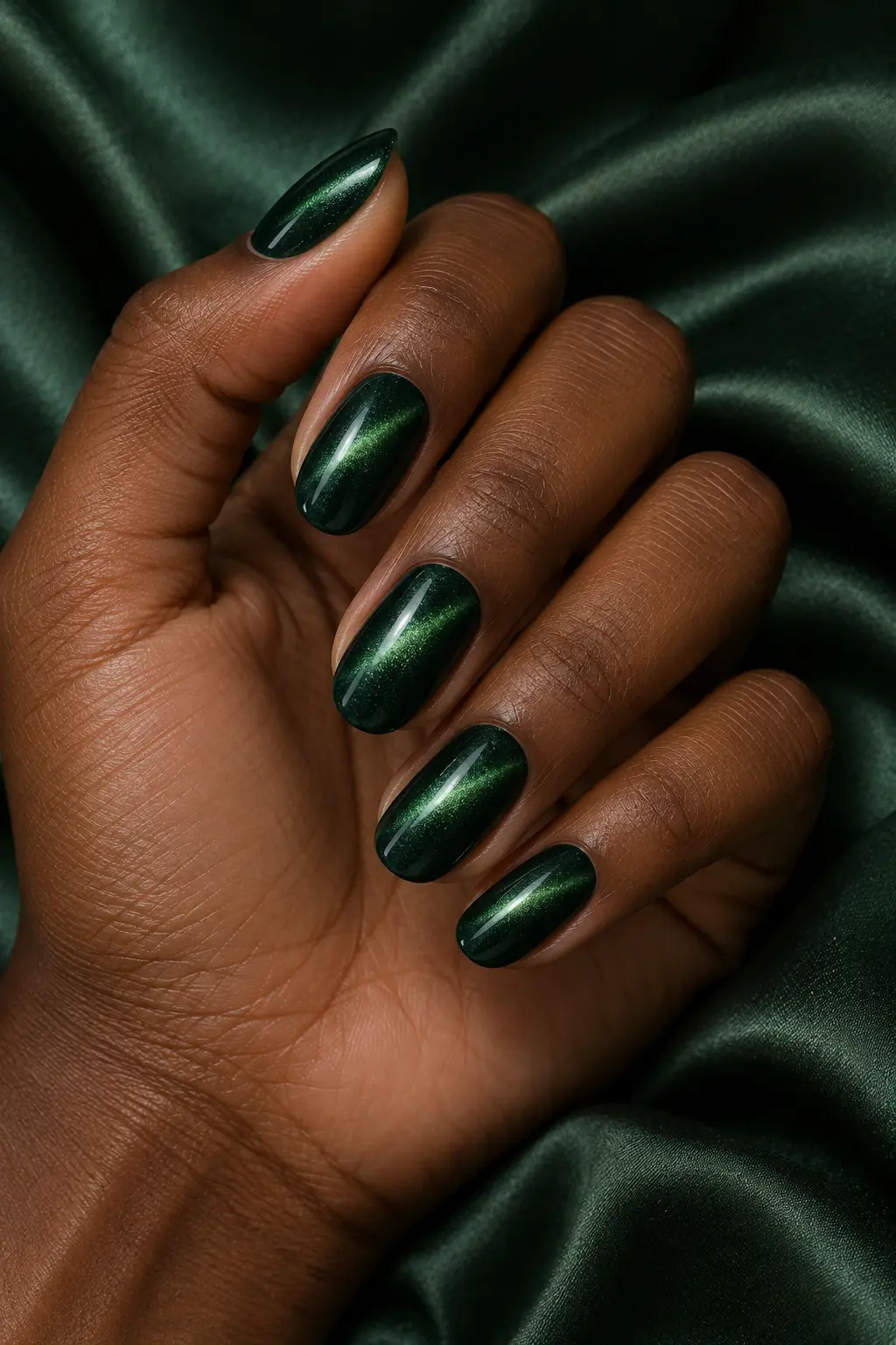 Dark forest green cat eye nails with luminous magnetic stripes