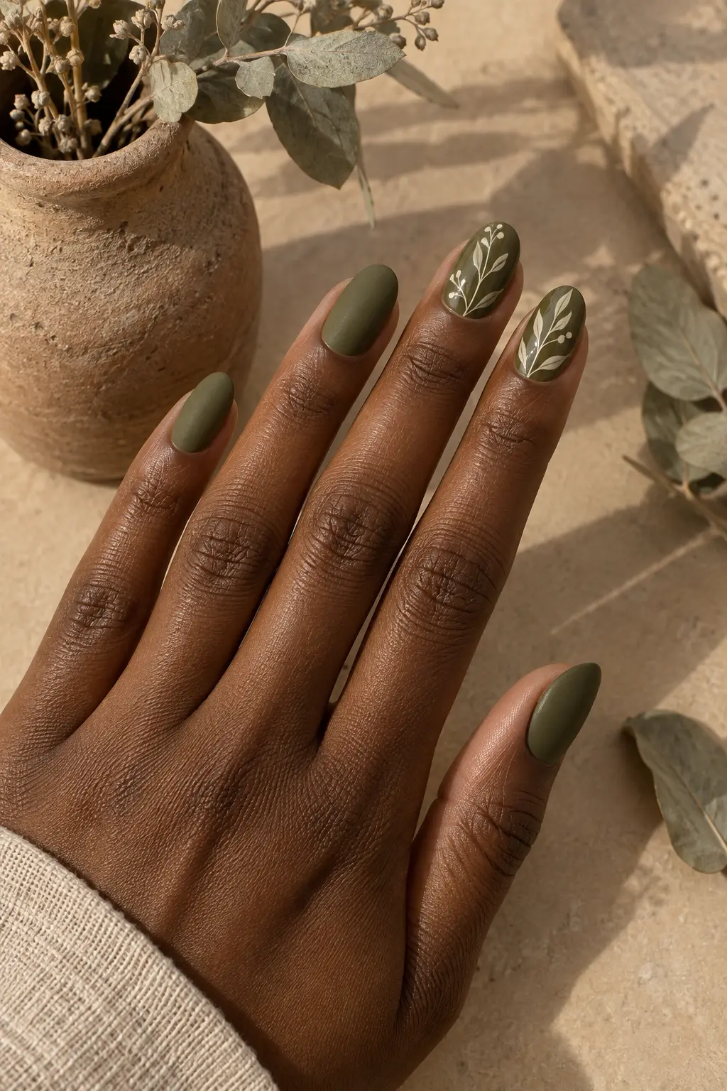 Olive nails with delicate cream botanical line art accents