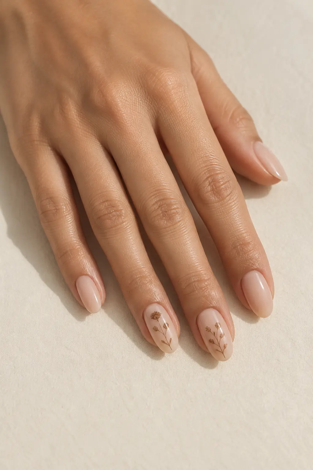 Sheer nude nails with delicate cocoa brown floral line art