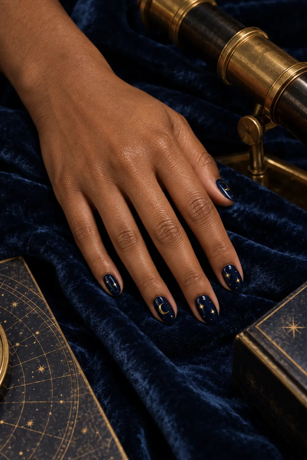 Navy September nails with gold stars and crescent moons