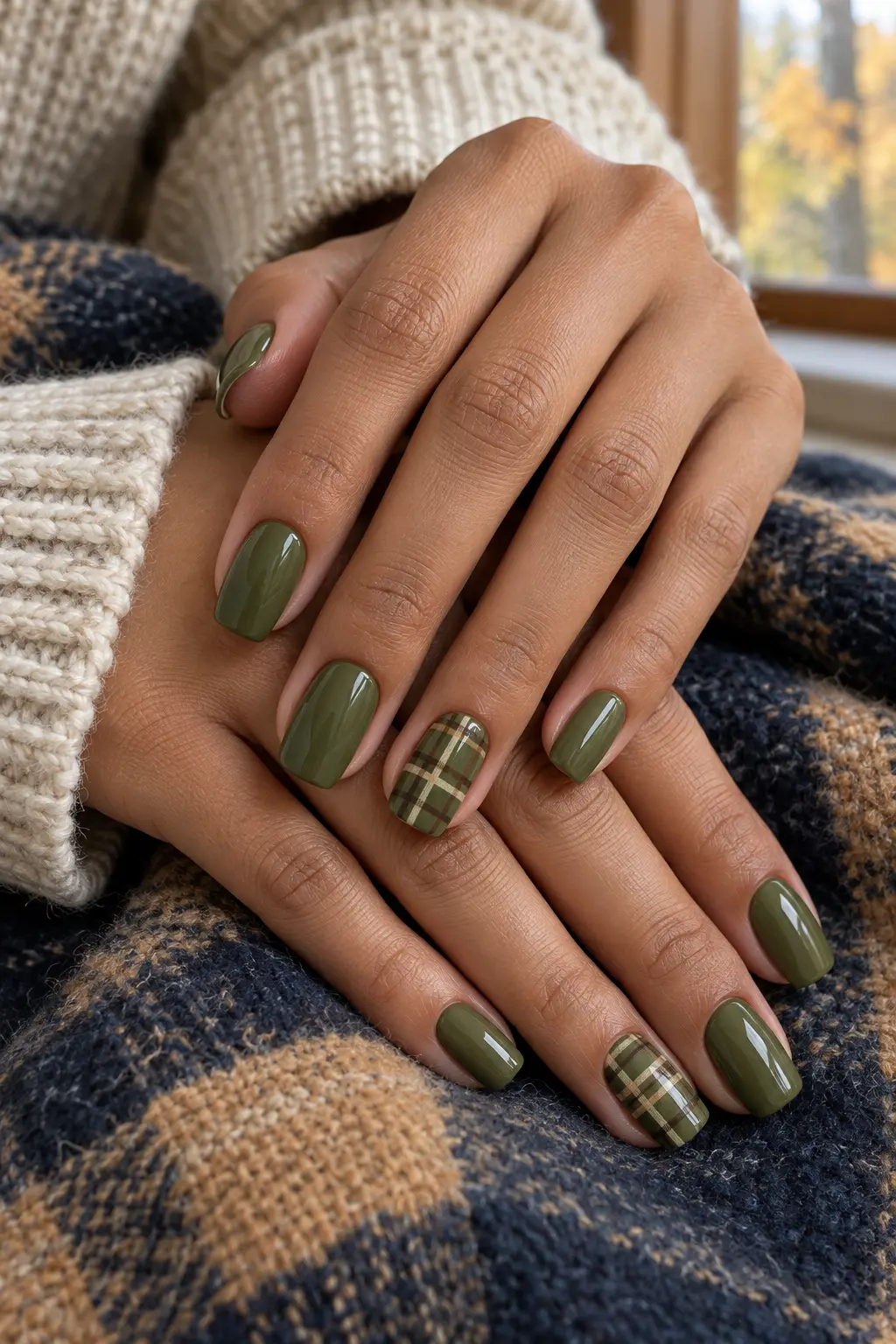 Olive manicure with cream tan and brown plaid accent nails