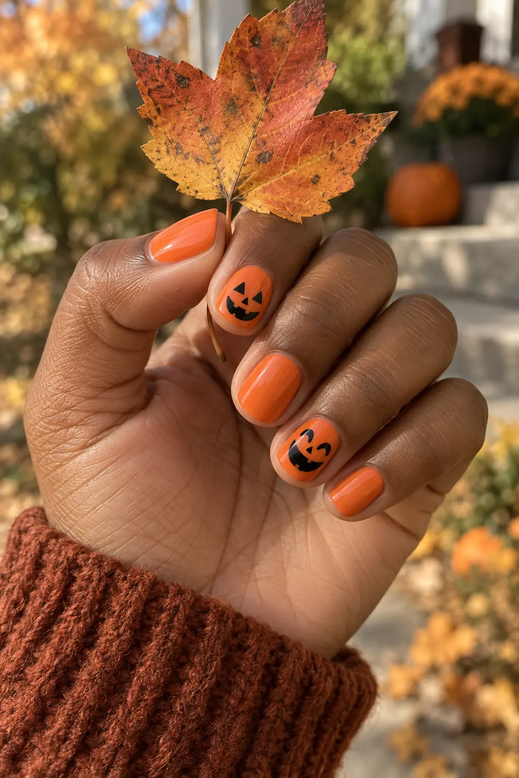Pumpkin orange nails with black jack o lantern accent faces