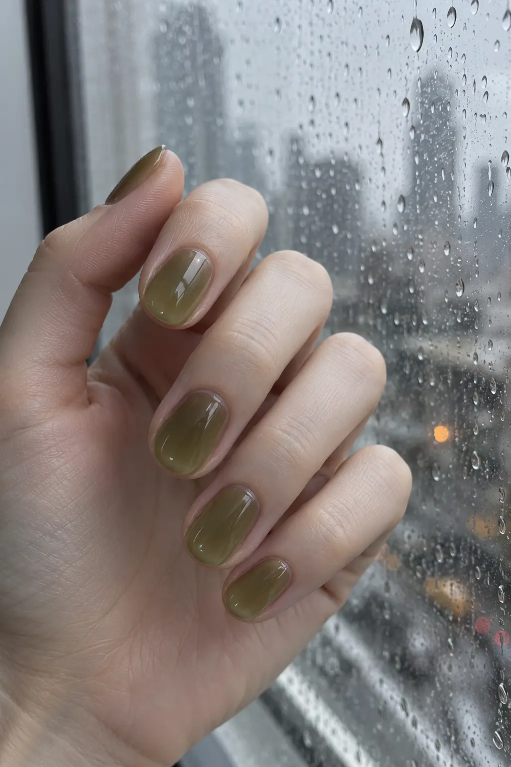 Translucent olive green jelly nails with a glassy shine