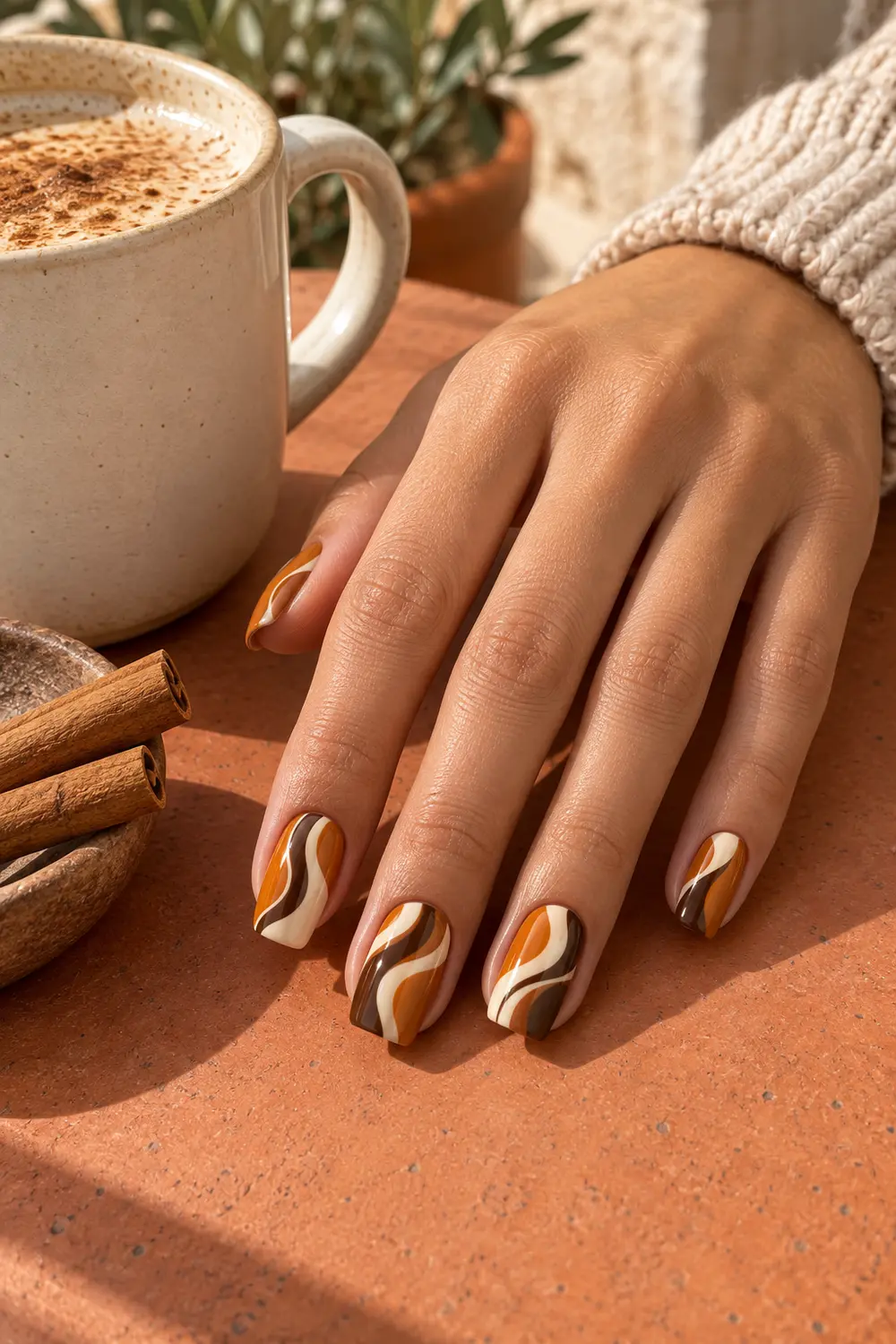 Pumpkin orange cream cinnamon and brown swirl nails