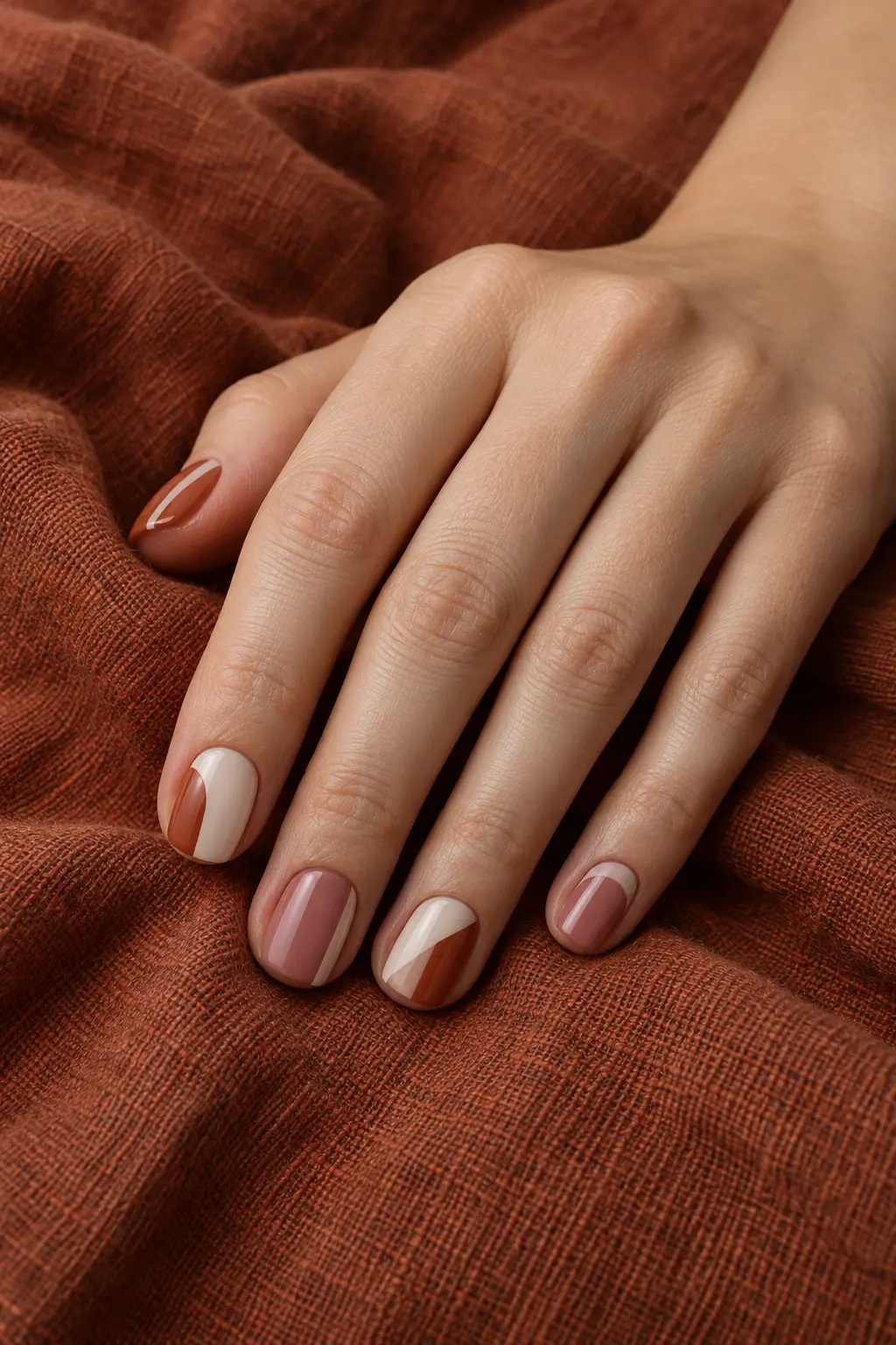 Rust dusty rose and cream geometric color block nails