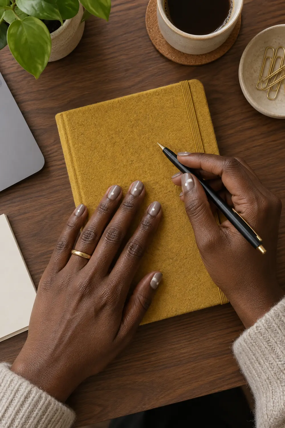 Short cashmere taupe nails with tiny cream dots