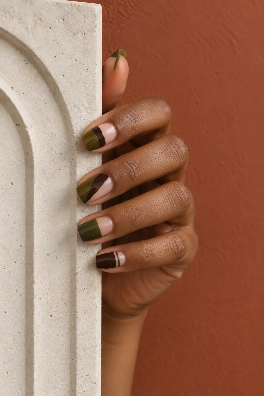 Geometric olive green and espresso brown color block nails