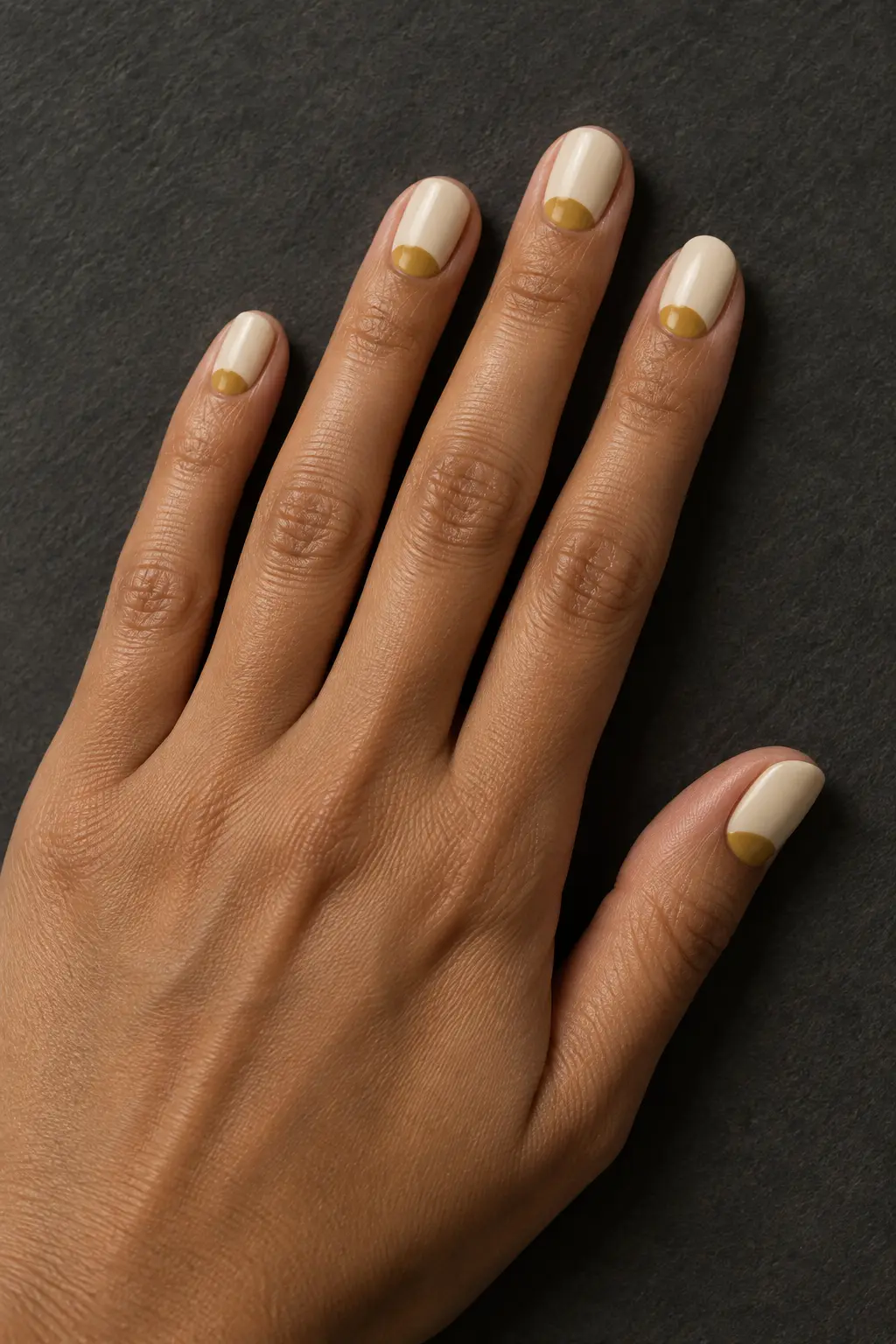 Cream nails with muted mustard yellow half moon accents