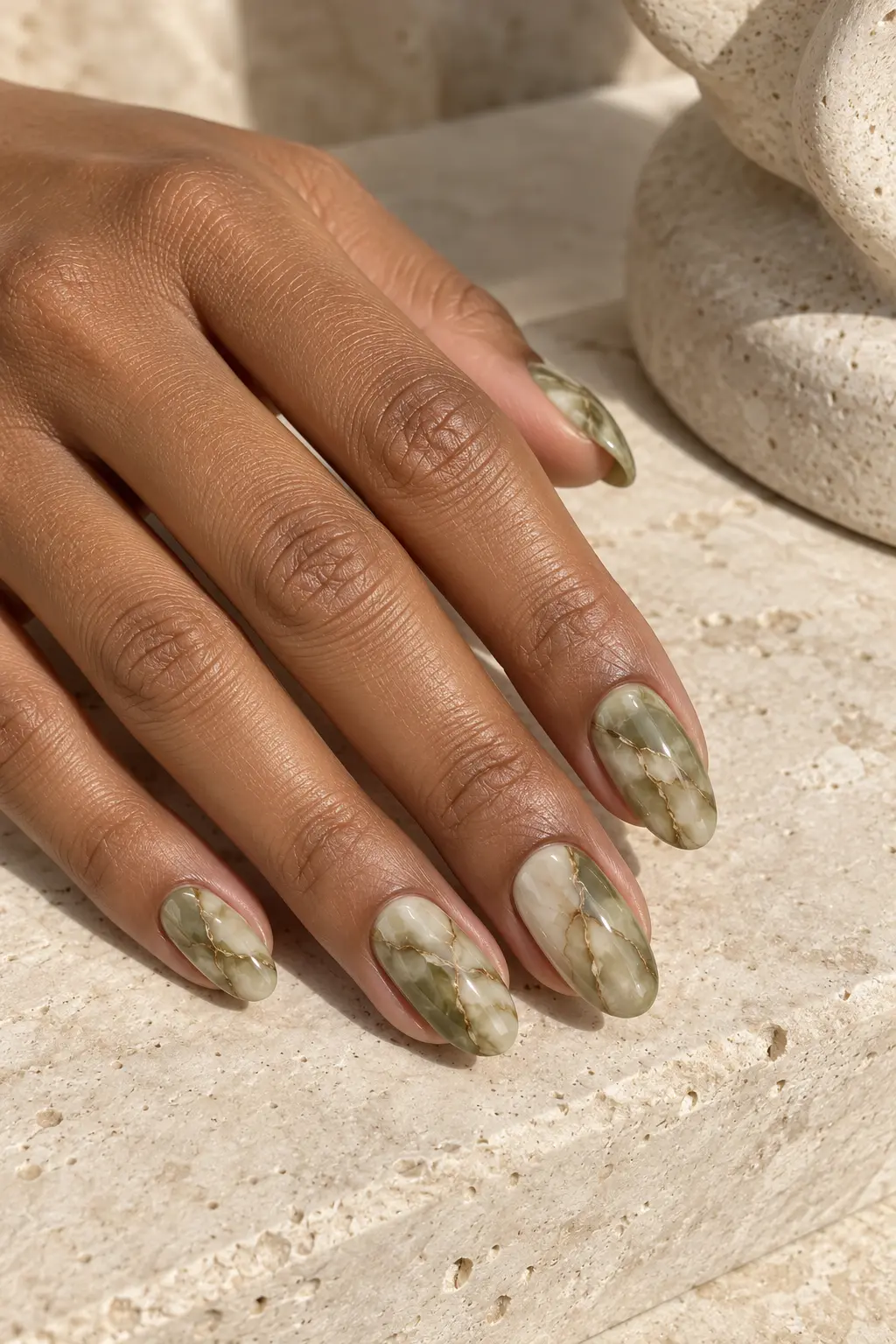 Olive green cream and brown marble effect nails