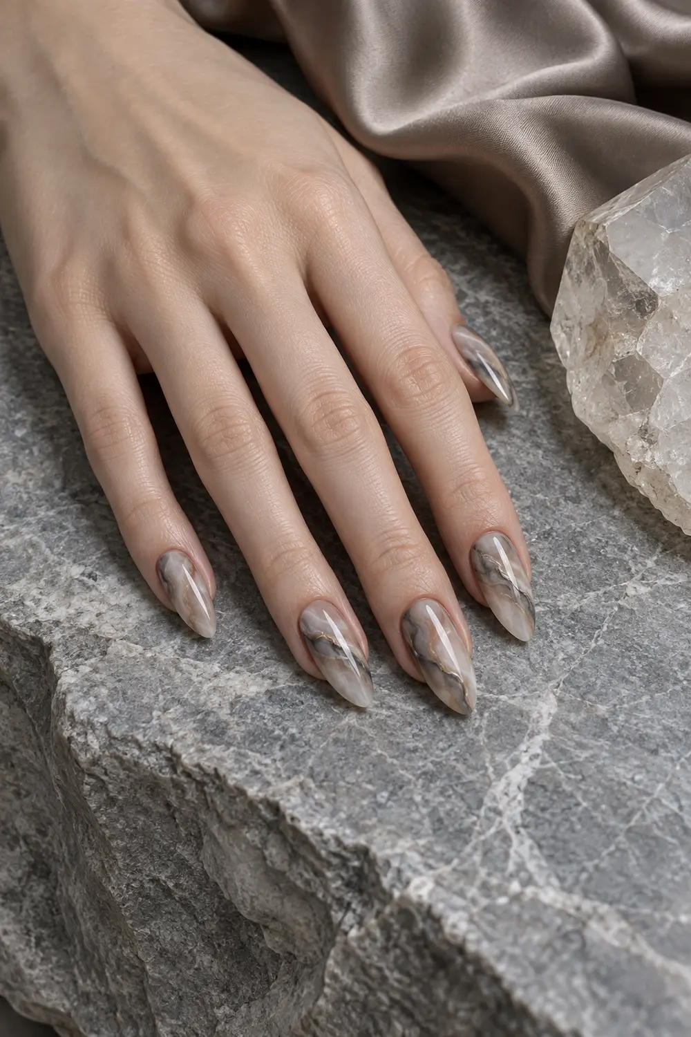 Taupe cream and smoky gray marble almond nails