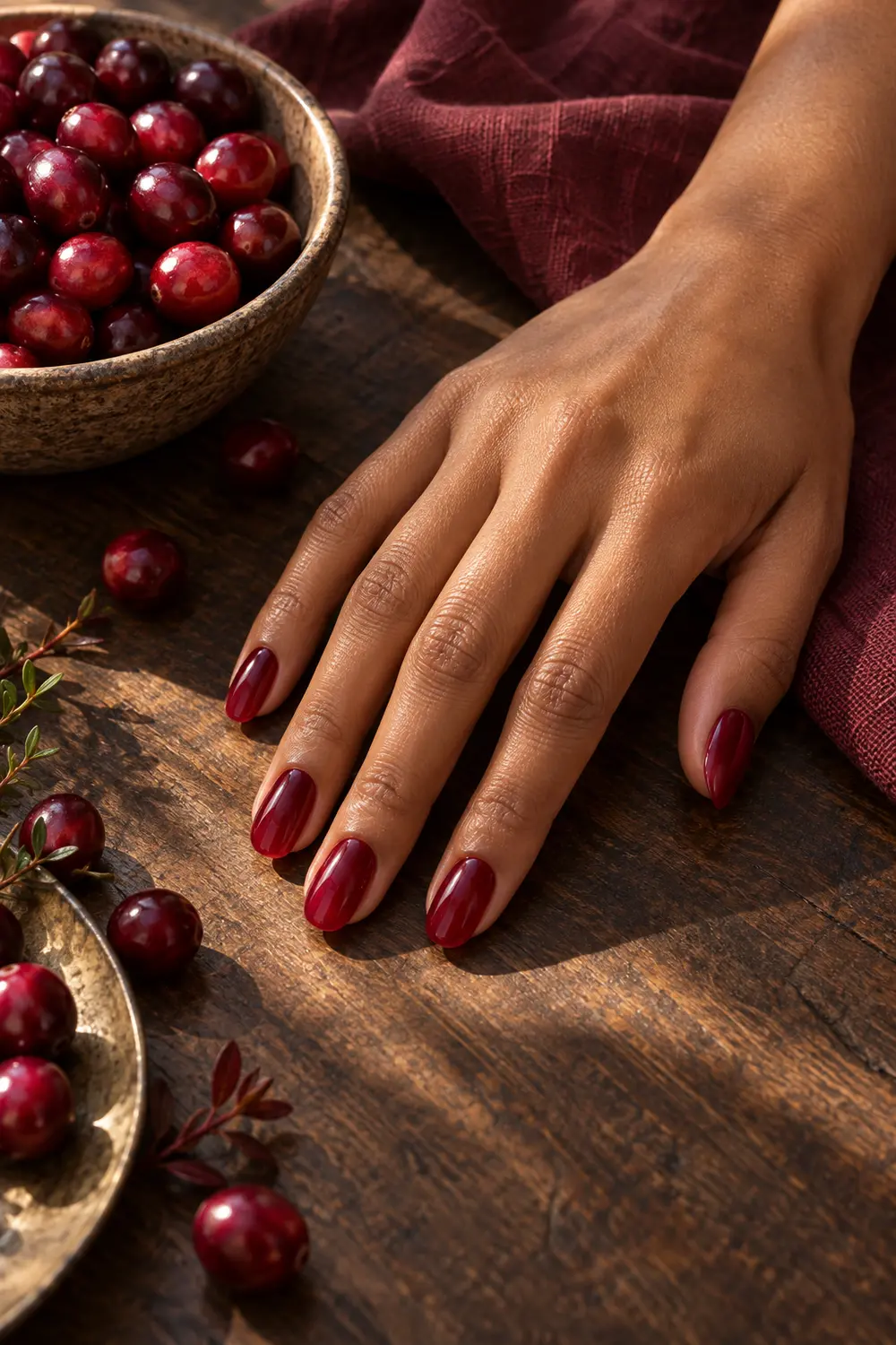 Glossy translucent cranberry red jelly nails