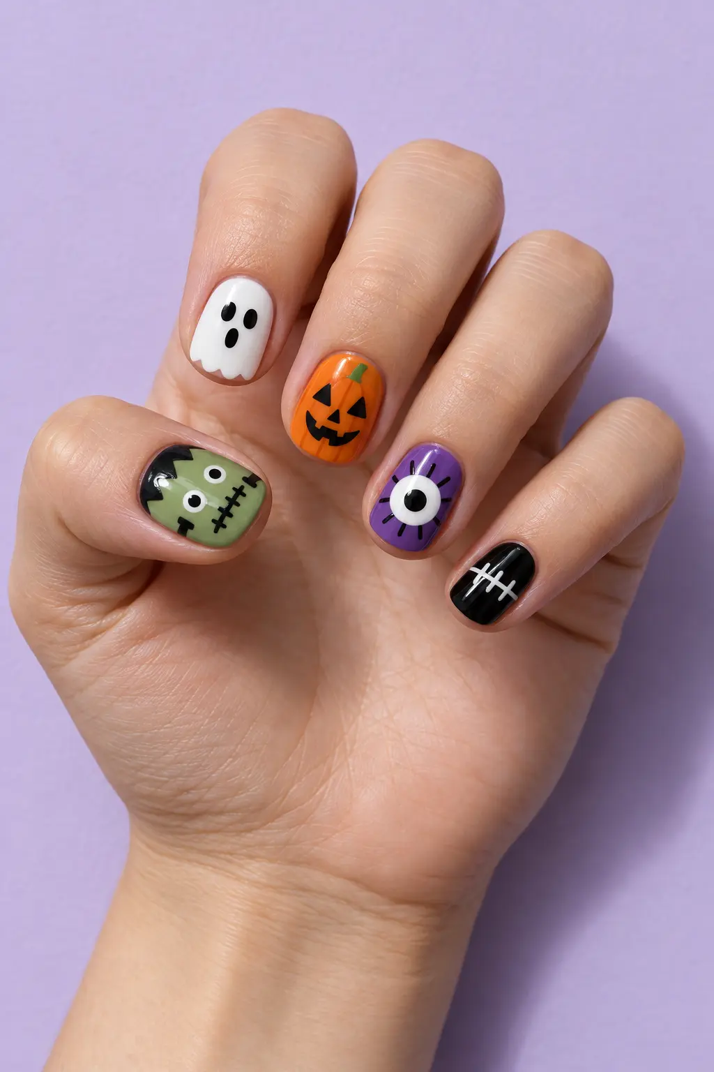 Playful mismatched Halloween monster skittle nails in green purple orange black and white